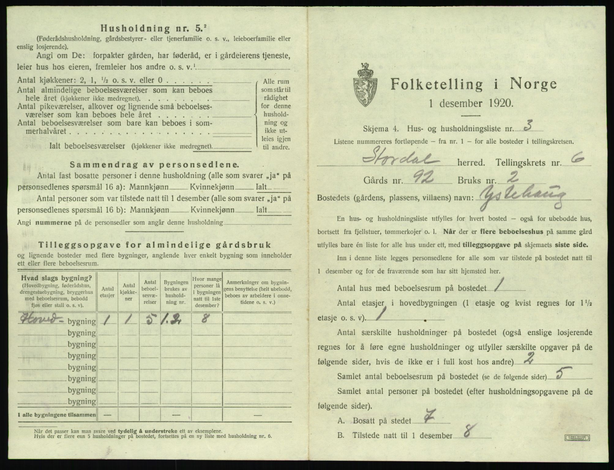 SAT, 1920 census for Stordal, 1920, p. 288