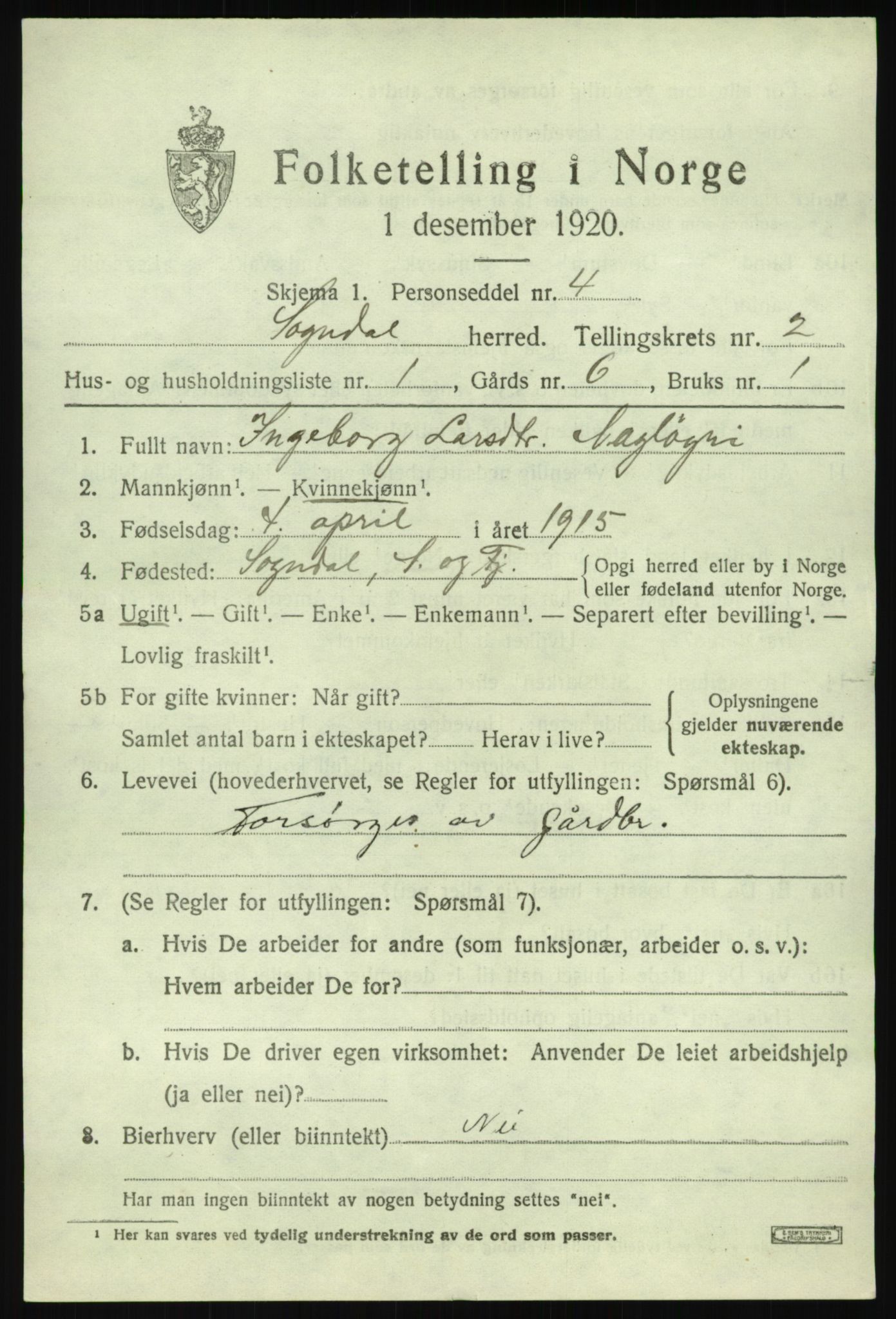 SAB, 1920 census for Sogndal, 1920, p. 1657