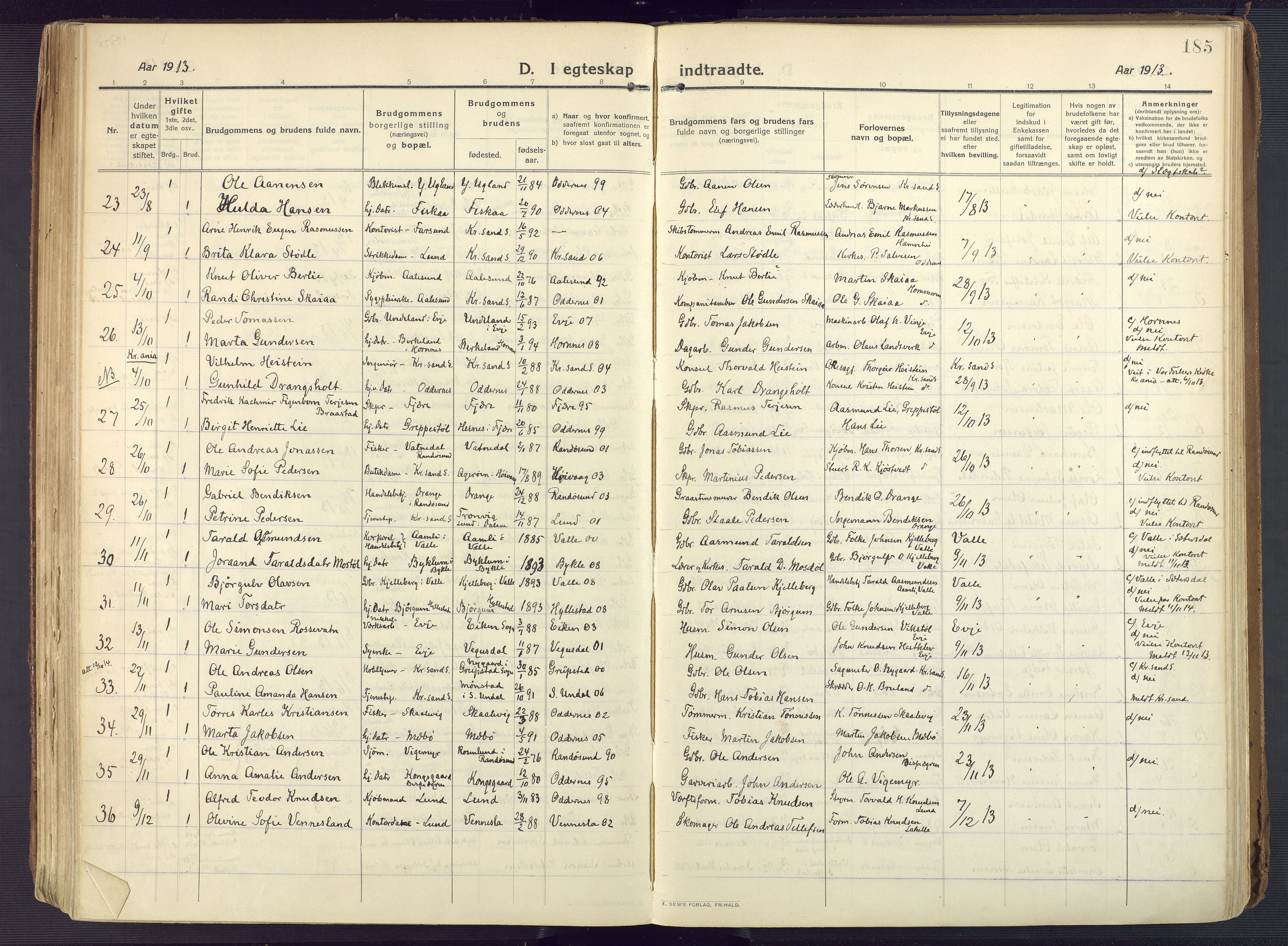 Oddernes sokneprestkontor, AV/SAK-1111-0033/F/Fa/Faa/L0012: Parish register (official) no. A 12, 1912-1925, p. 185