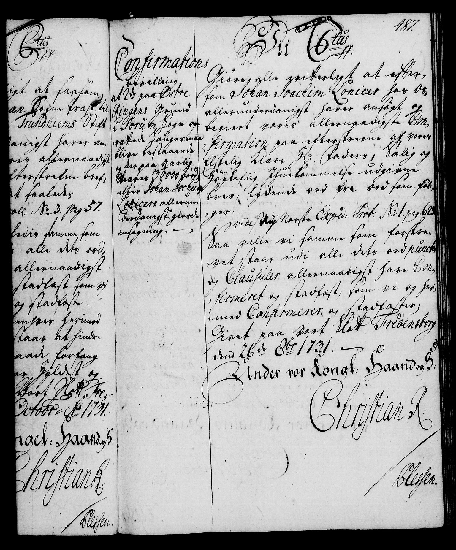 Rentekammeret, Kammerkanselliet, RA/EA-3111/G/Gg/Gga/L0003: Norsk ekspedisjonsprotokoll med register (merket RK 53.3), 1727-1734, p. 487