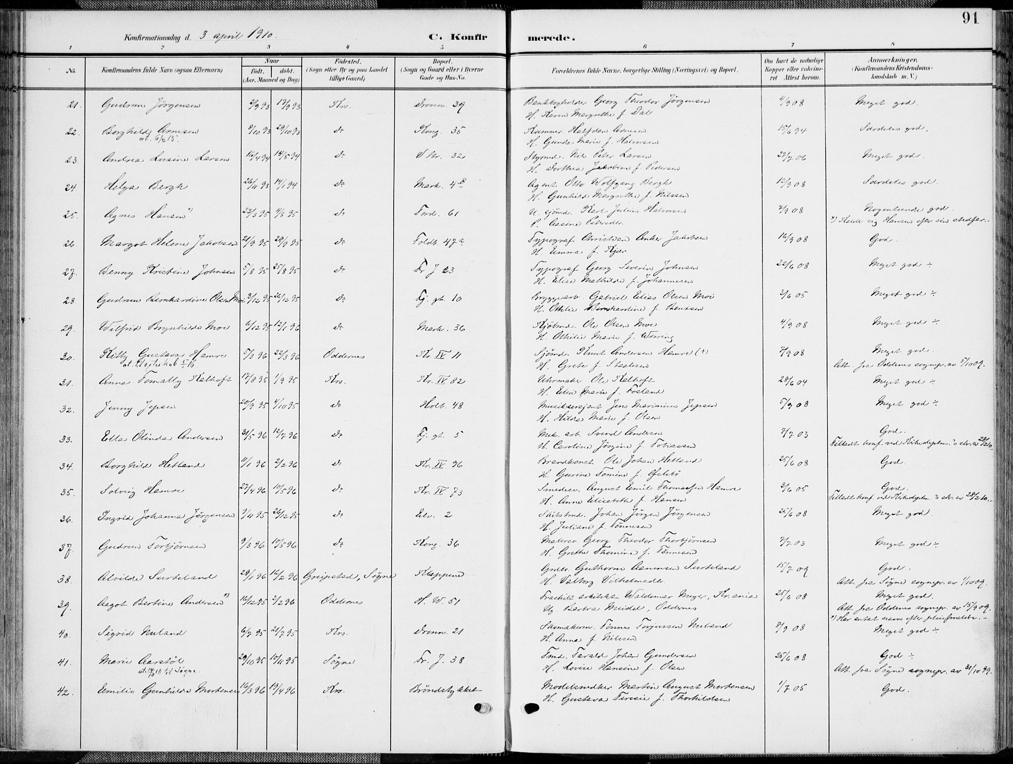 Kristiansand domprosti, AV/SAK-1112-0006/F/Fa/L0022: Parish register (official) no. A 21, 1905-1916, p. 91