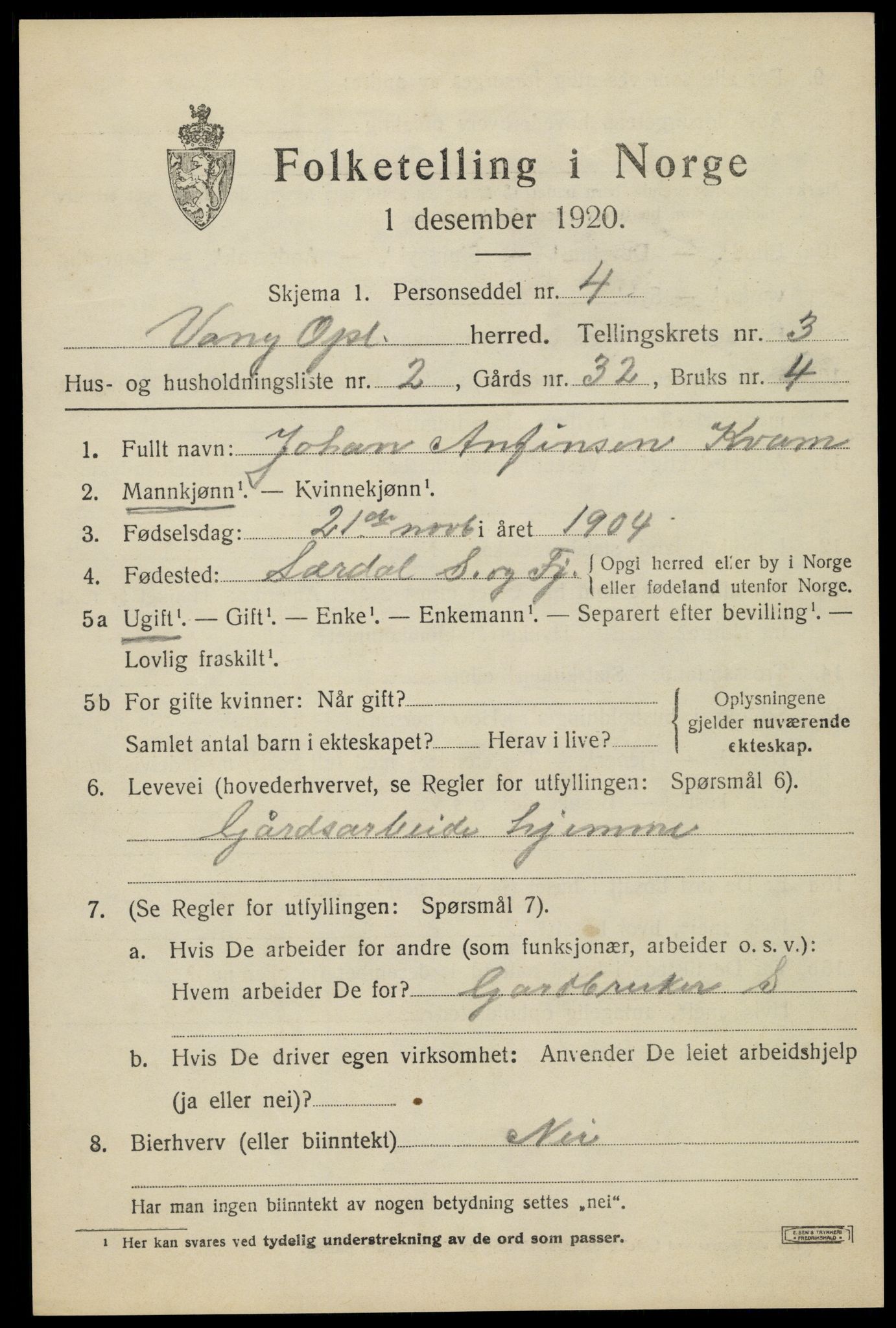 SAH, 1920 census for Vang (Oppland), 1920, p. 1361