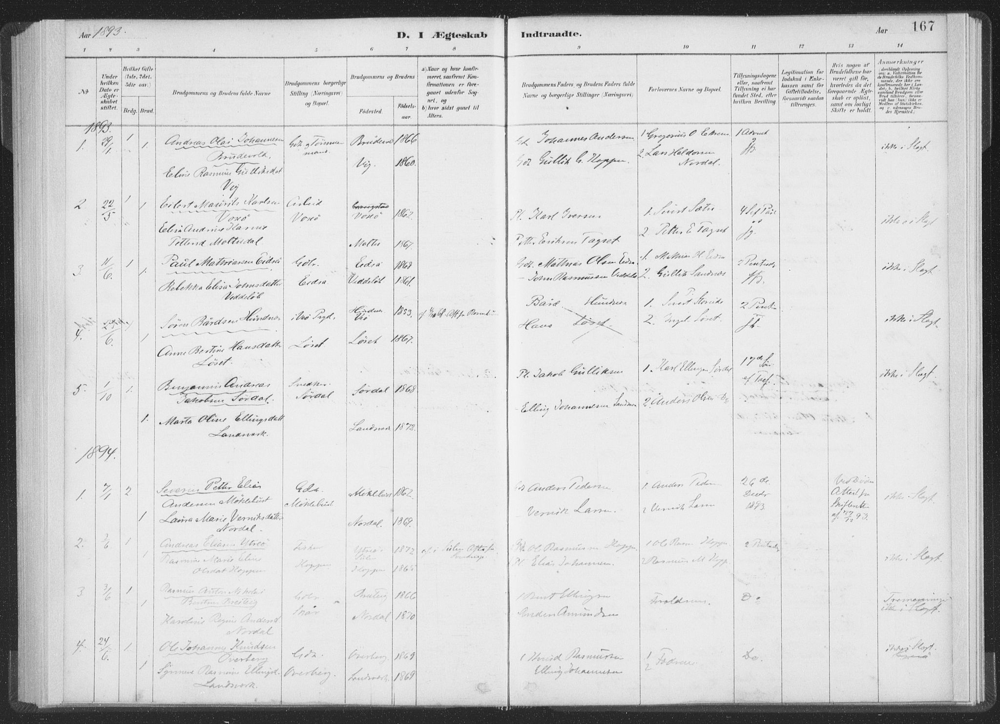 Ministerialprotokoller, klokkerbøker og fødselsregistre - Møre og Romsdal, AV/SAT-A-1454/502/L0025: Parish register (official) no. 502A03, 1885-1909, p. 167