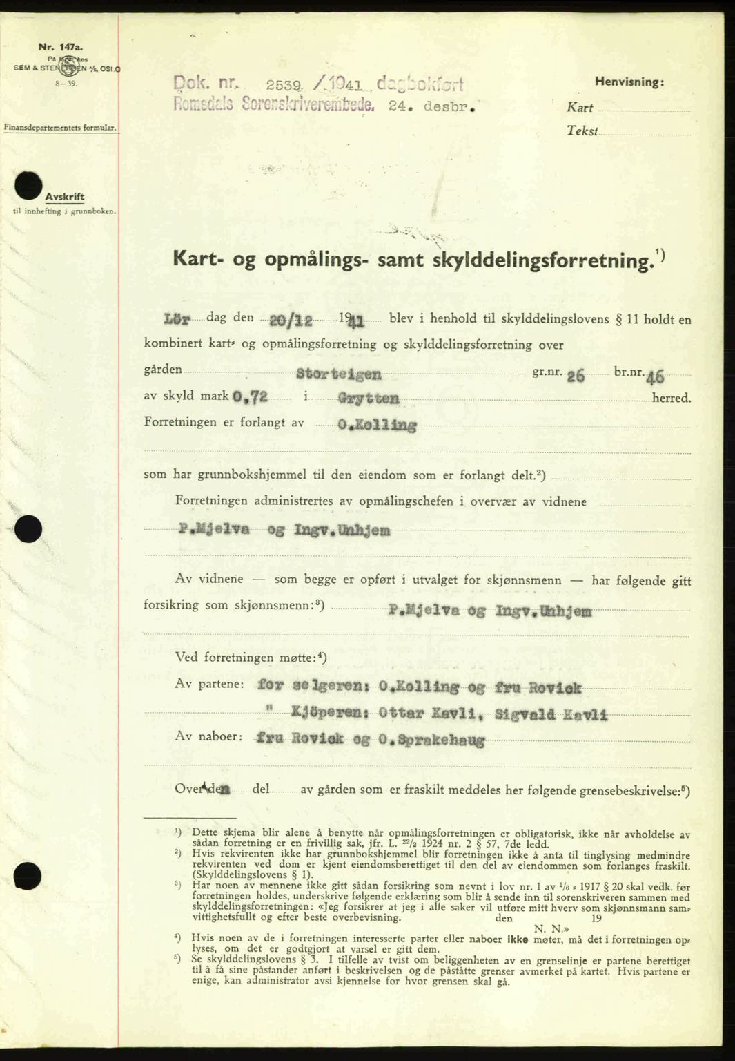 Romsdal sorenskriveri, AV/SAT-A-4149/1/2/2C: Mortgage book no. A11, 1941-1942, Diary no: : 2539/1941