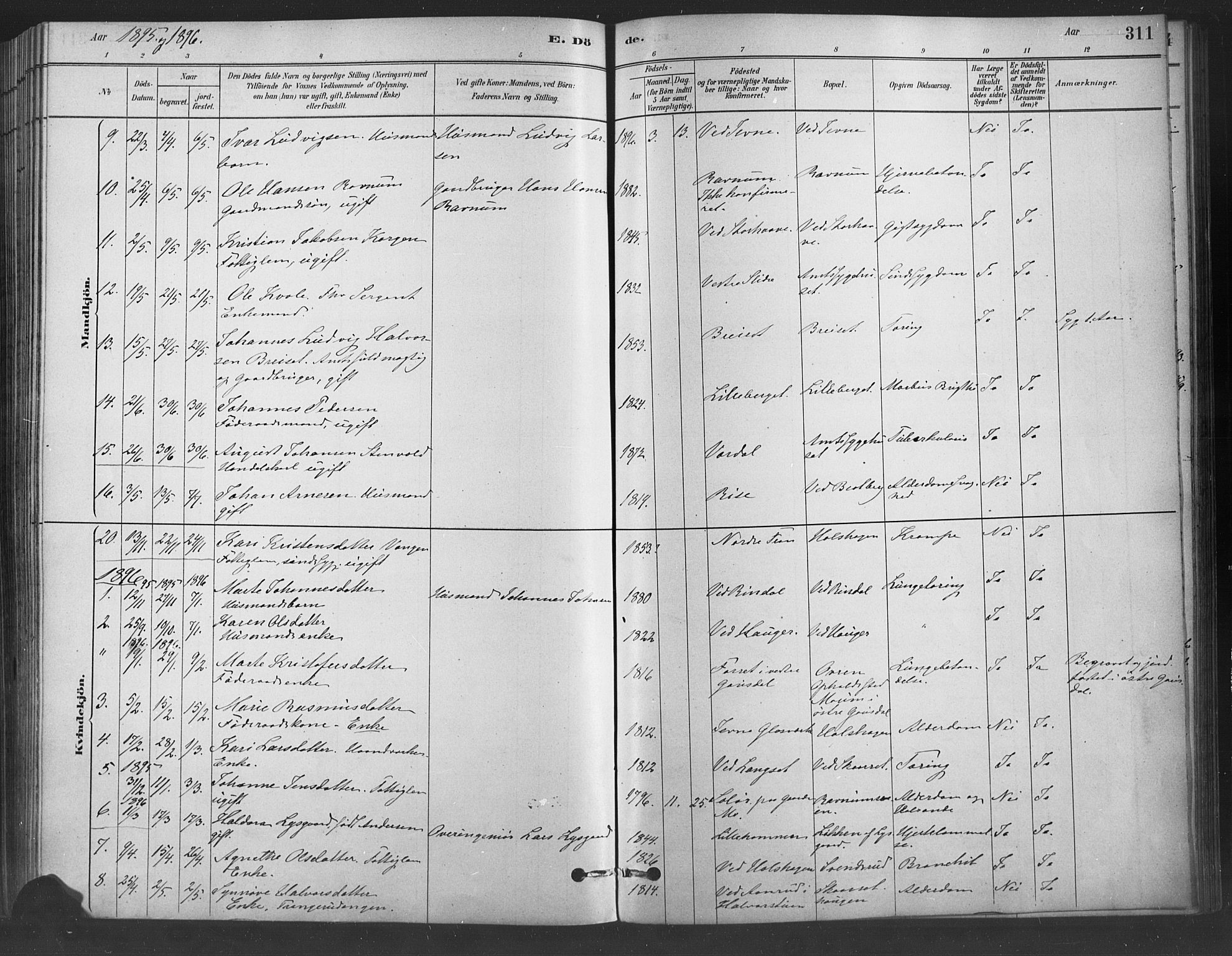 Fåberg prestekontor, SAH/PREST-086/H/Ha/Haa/L0009: Parish register (official) no. 9, 1879-1898, p. 311