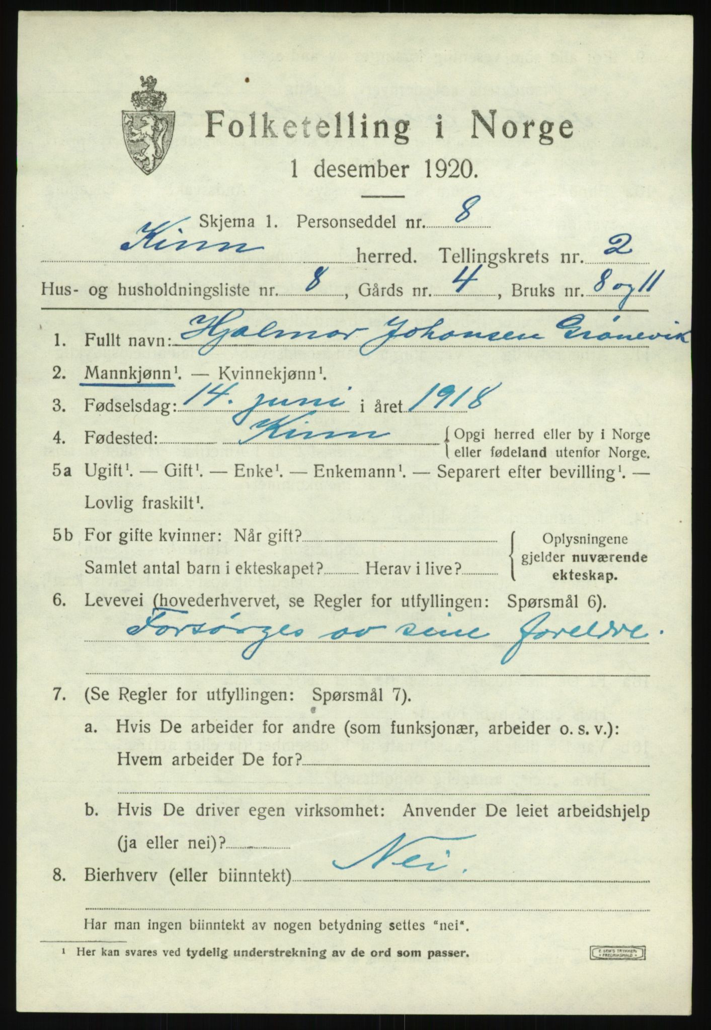 SAB, 1920 census for Kinn, 1920, p. 2067