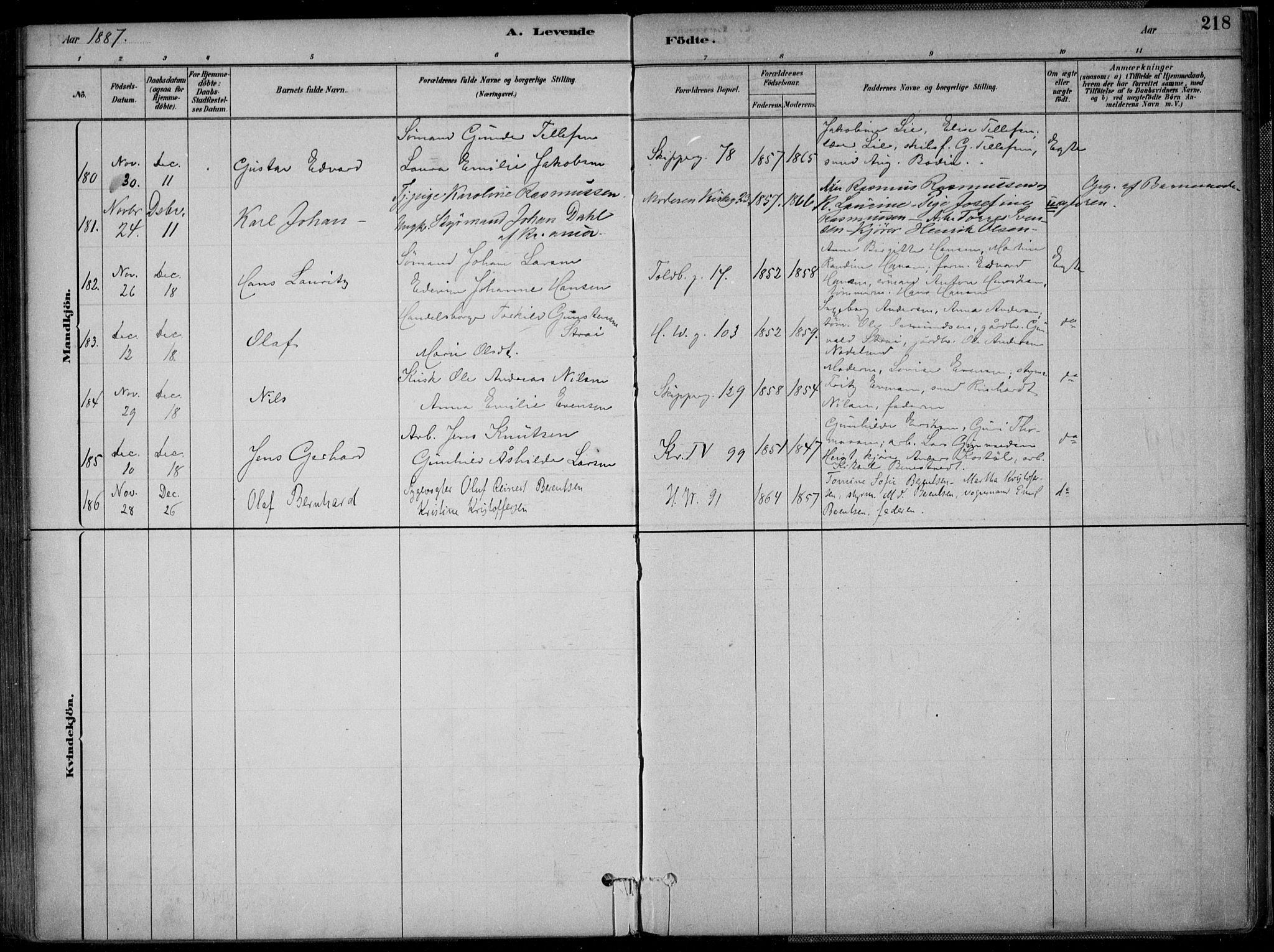 Kristiansand domprosti, AV/SAK-1112-0006/F/Fa/L0016: Parish register (official) no. A 16A, 1880-1890, p. 218