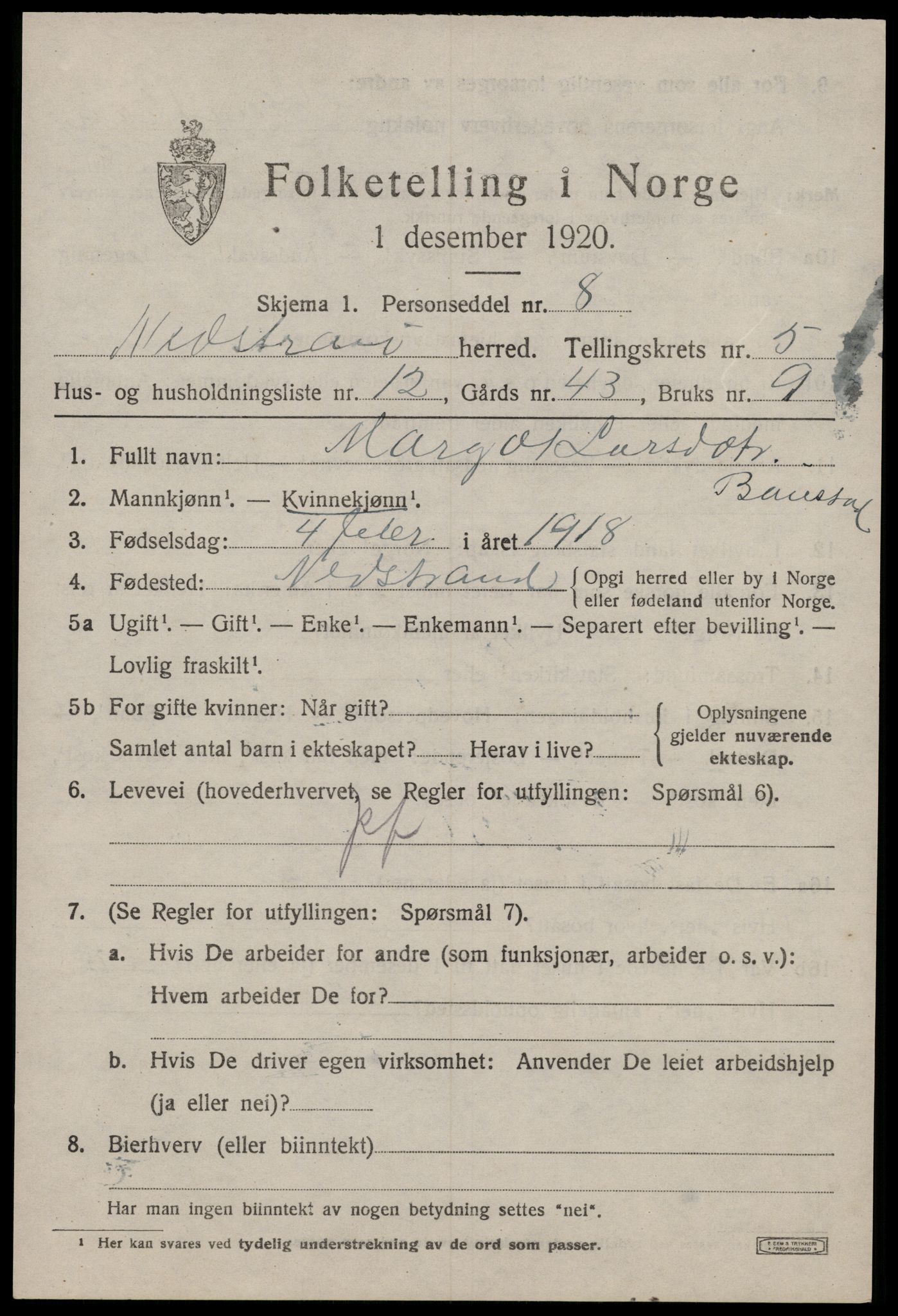 SAST, 1920 census for Nedstrand, 1920, p. 2409