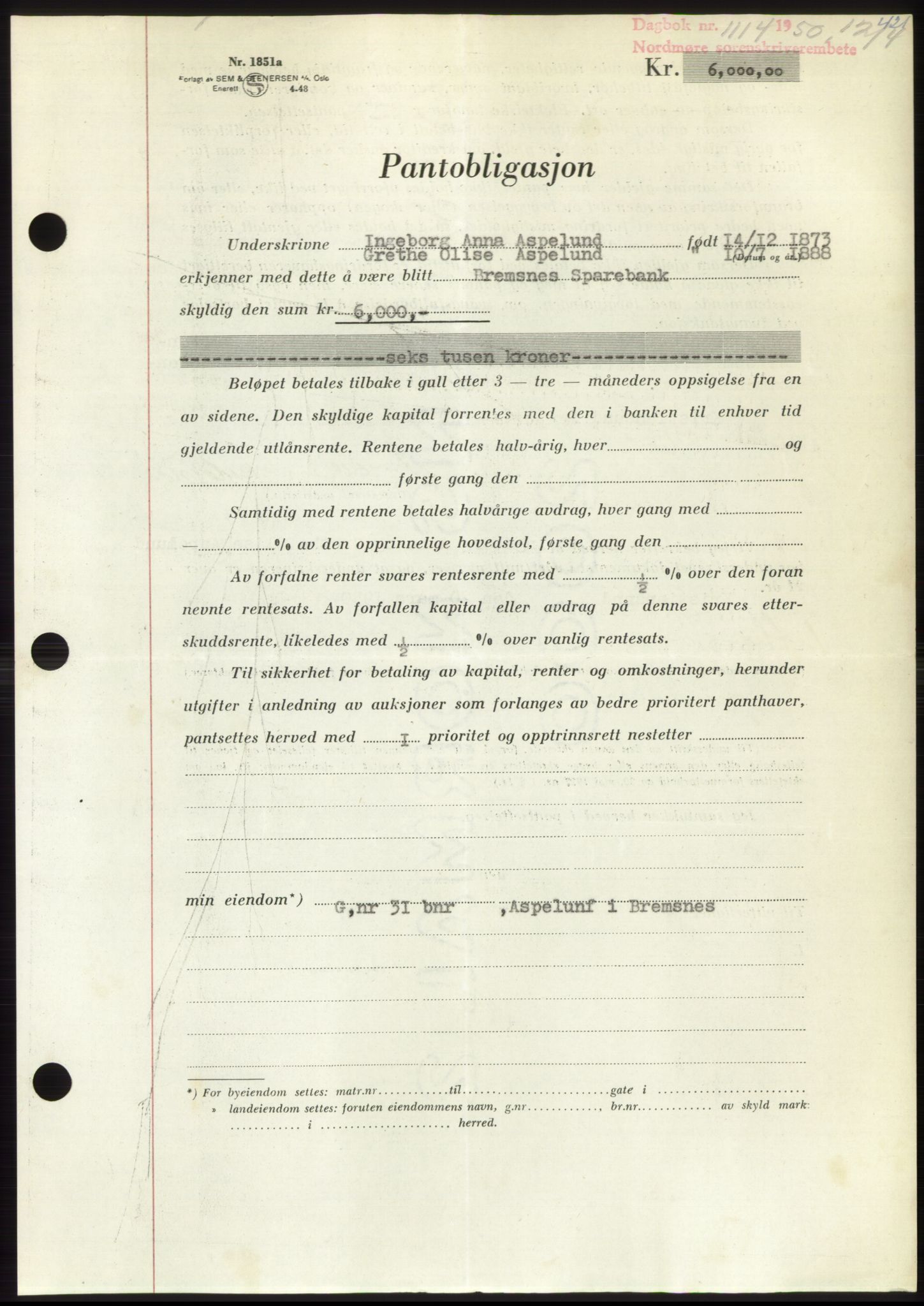 Nordmøre sorenskriveri, AV/SAT-A-4132/1/2/2Ca: Mortgage book no. B104, 1950-1950, Diary no: : 1114/1950