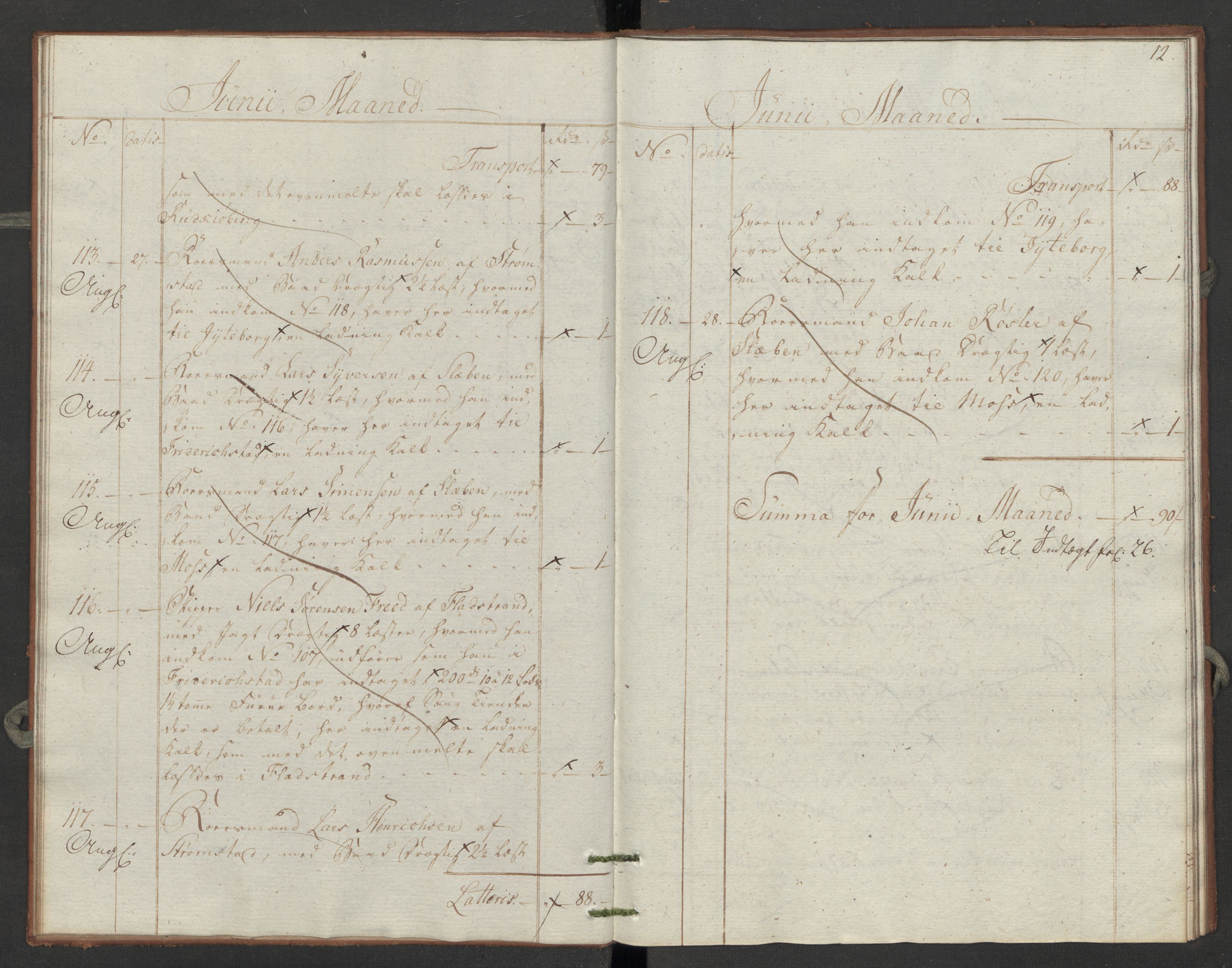 Generaltollkammeret, tollregnskaper, AV/RA-EA-5490/R06/L0196/0002: Tollregnskaper Kristiania / Utgående tollbok Slependen, 1794, p. 11b-12a