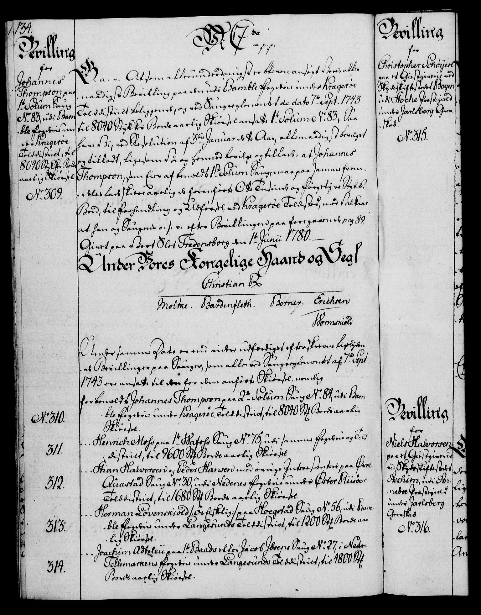 Rentekammeret, Kammerkanselliet, AV/RA-EA-3111/G/Gg/Gga/L0011: Norsk ekspedisjonsprotokoll med register (merket RK 53.11), 1779-1781, p. 134