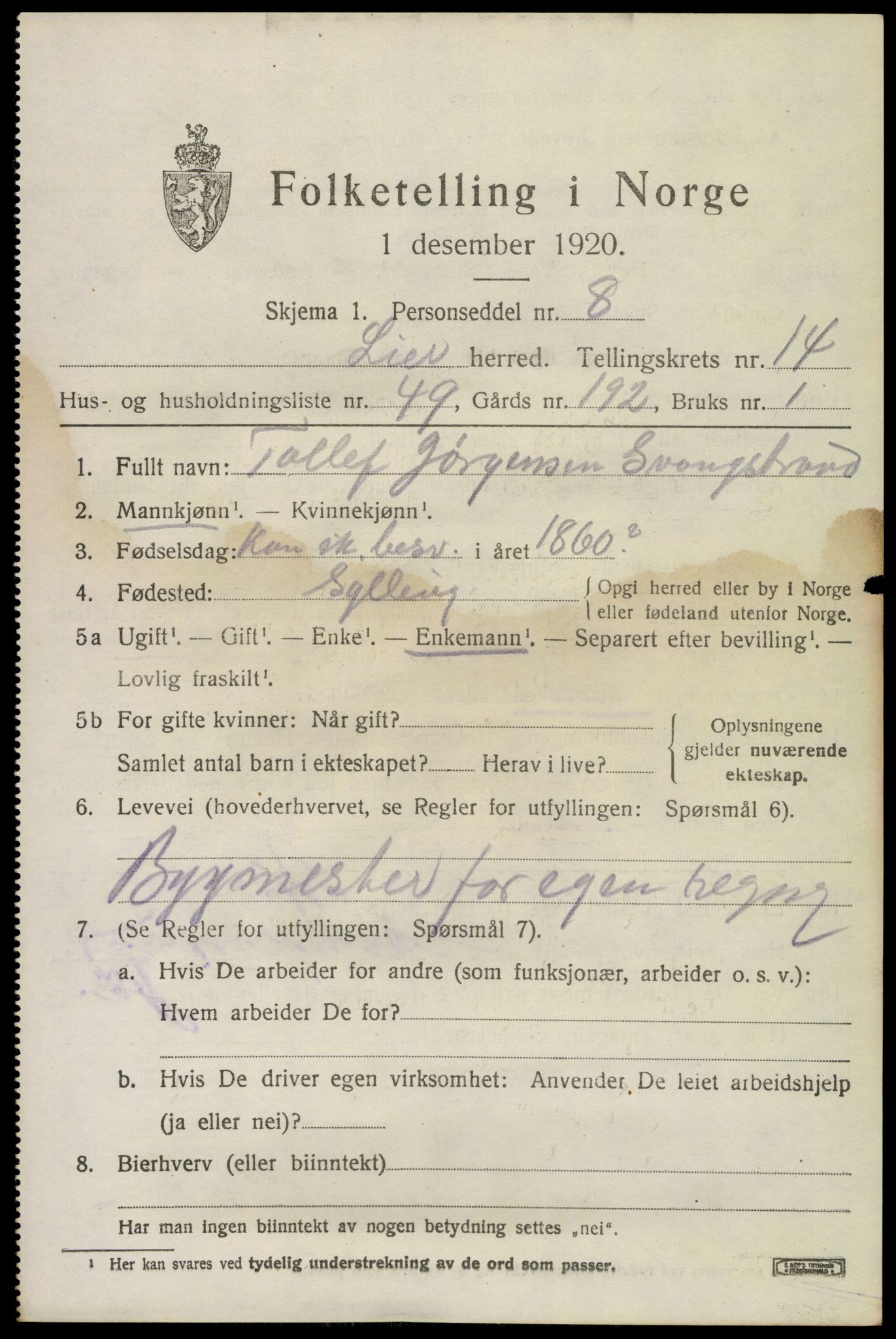 SAKO, 1920 census for Lier, 1920, p. 22596