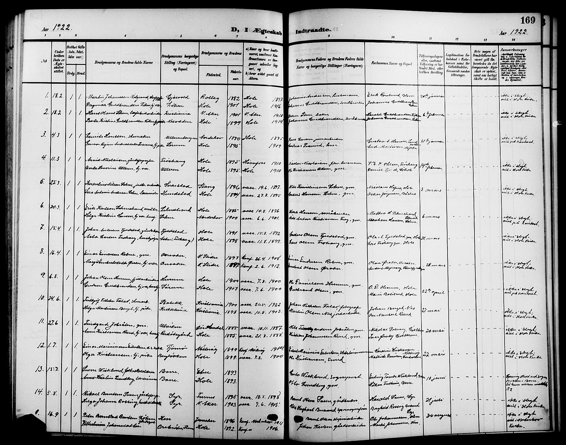 Hole kirkebøker, SAKO/A-228/G/Ga/L0004: Parish register (copy) no. I 4, 1905-1924, p. 169
