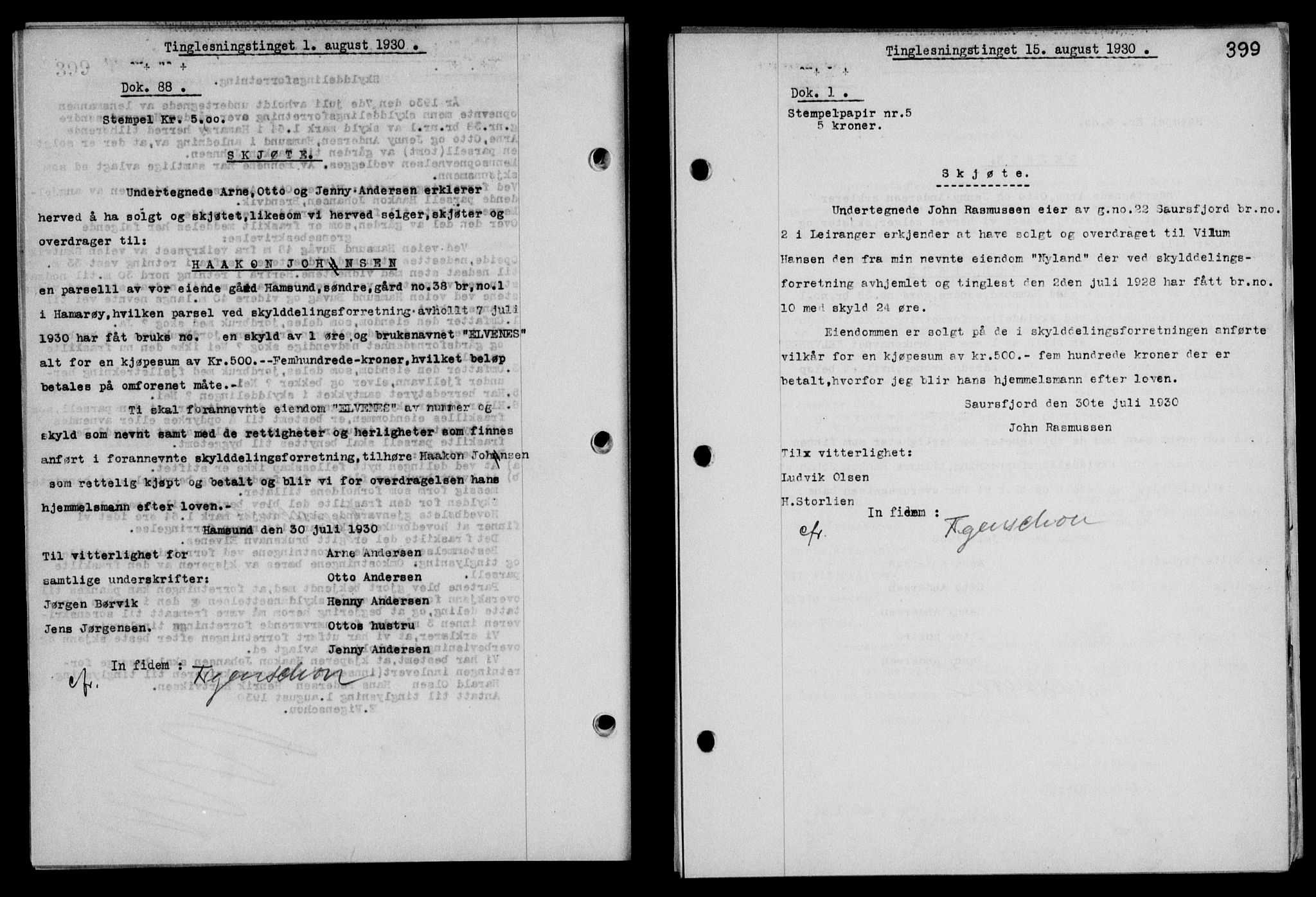 Steigen og Ofoten sorenskriveri, SAT/A-0030/1/2/2C/L0018/0001: Mortgage book no. 20-II og 21, 1930-1931, Deed date: 15.08.1930