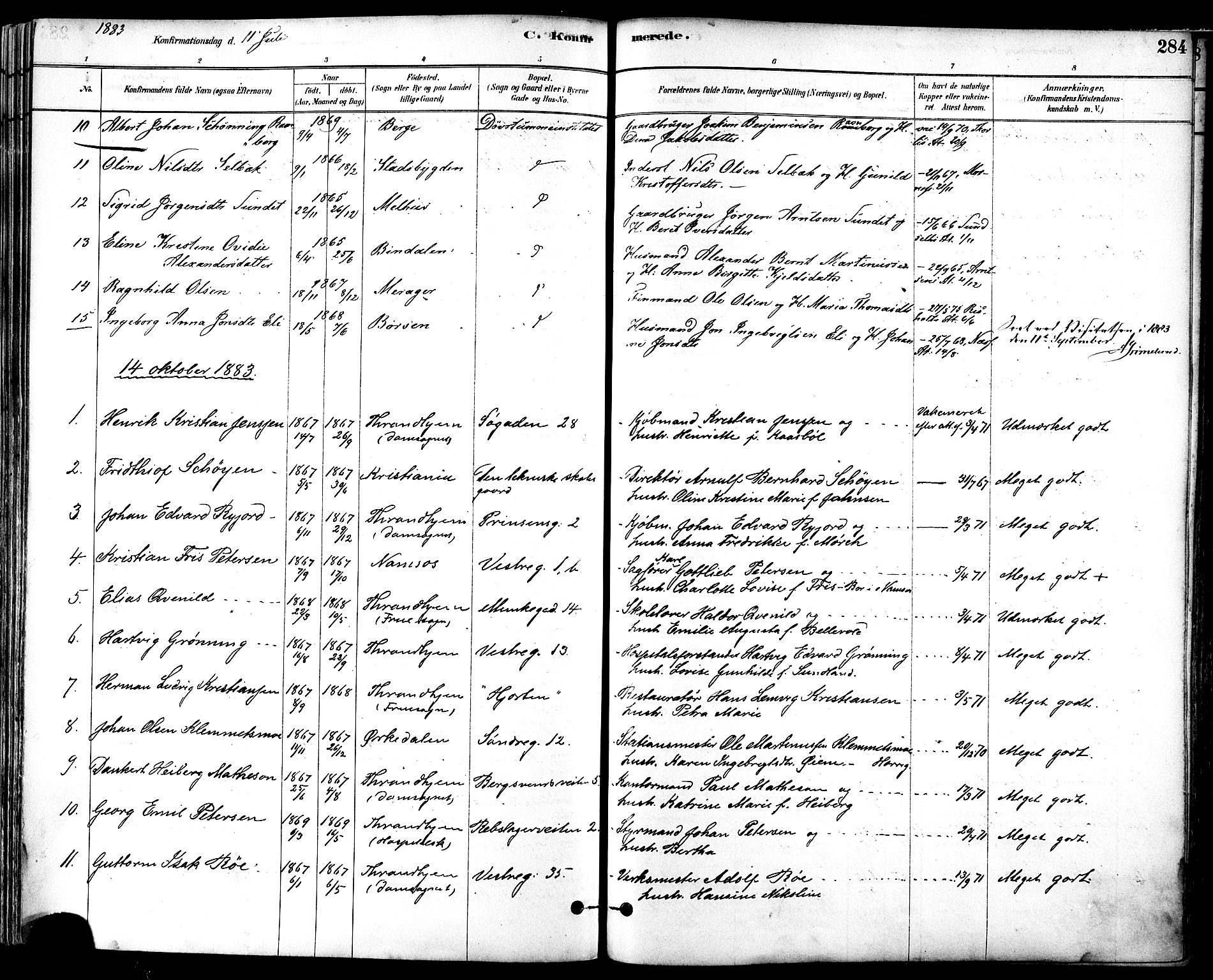 Ministerialprotokoller, klokkerbøker og fødselsregistre - Sør-Trøndelag, SAT/A-1456/601/L0057: Parish register (official) no. 601A25, 1877-1891, p. 284