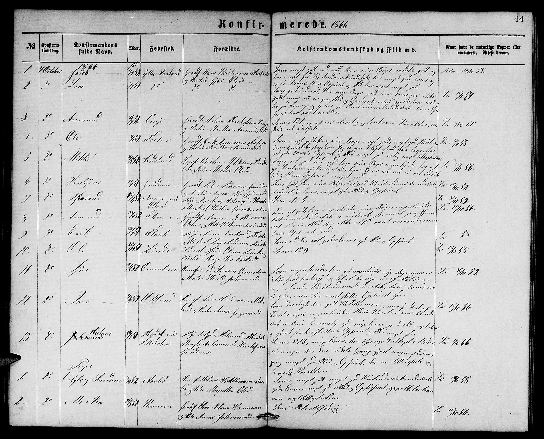 Etne sokneprestembete, SAB/A-75001/H/Hab: Parish register (copy) no. C 3, 1866-1878, p. 44