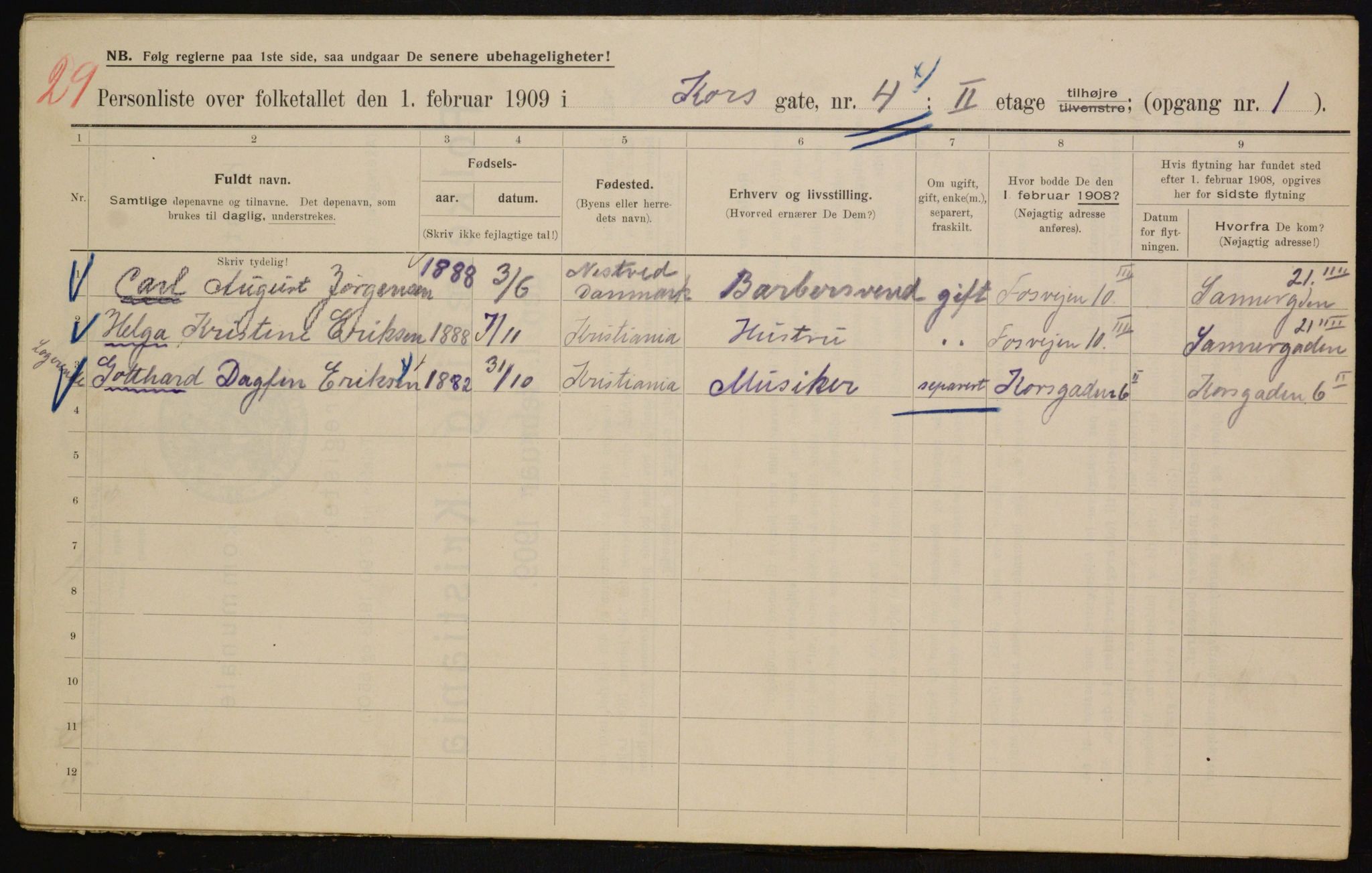 OBA, Municipal Census 1909 for Kristiania, 1909, p. 49030