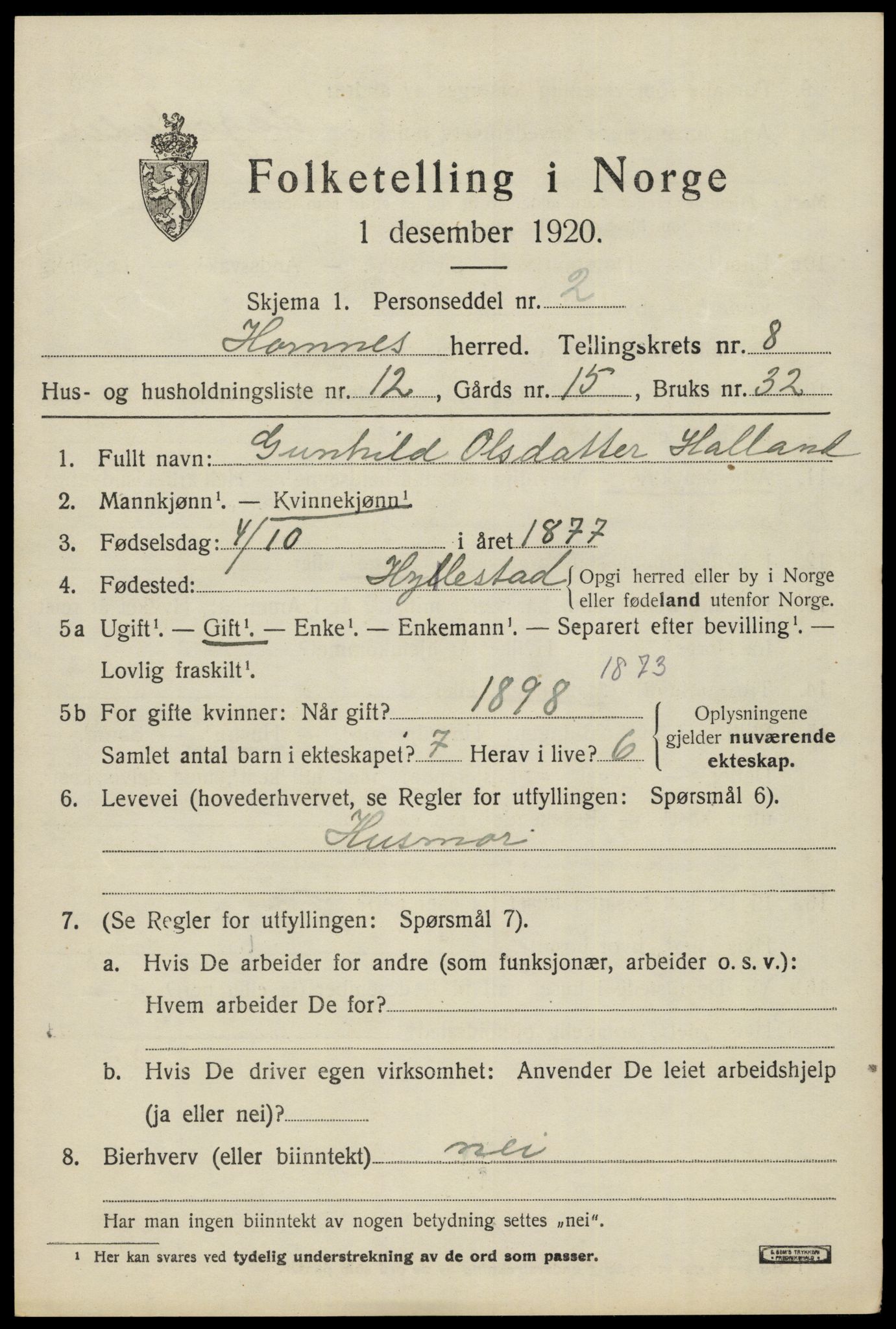 SAK, 1920 census for Hornnes, 1920, p. 1999