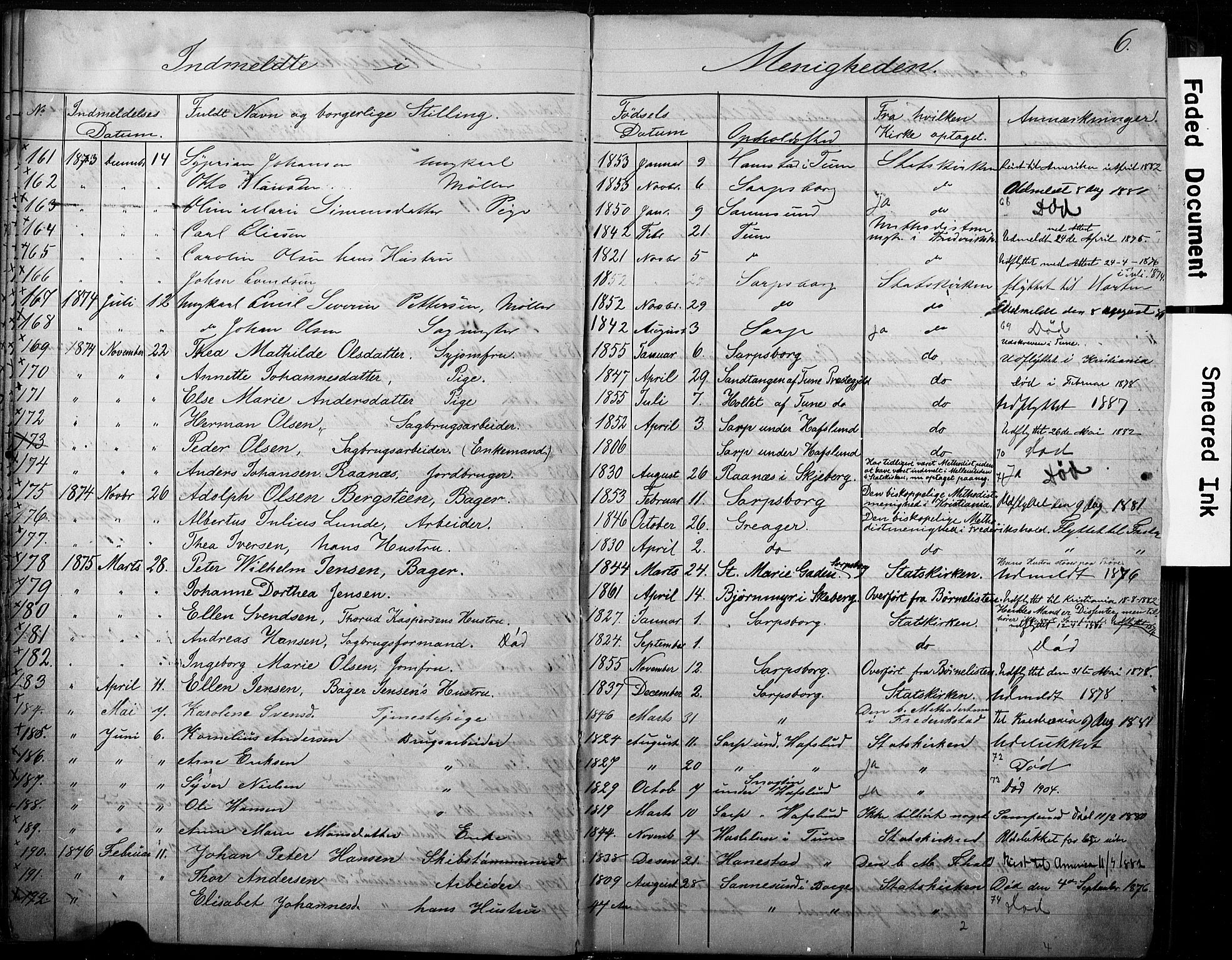 Sarpsborg metodistkirke, SAO/PAO-0233/A/L0002: Dissenter register no. 2, 1856-1890, p. 6