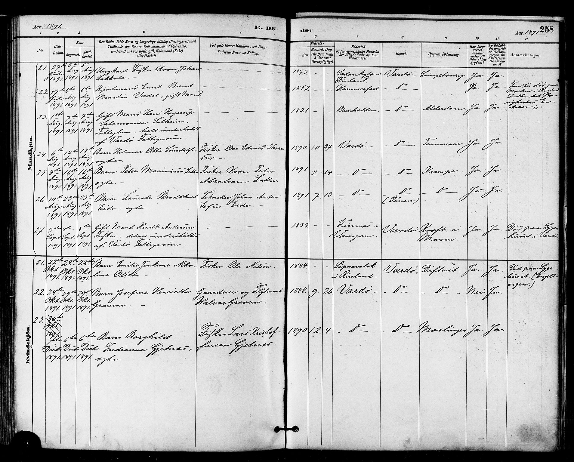 Vardø sokneprestkontor, SATØ/S-1332/H/Ha/L0007kirke: Parish register (official) no. 7, 1886-1897, p. 258