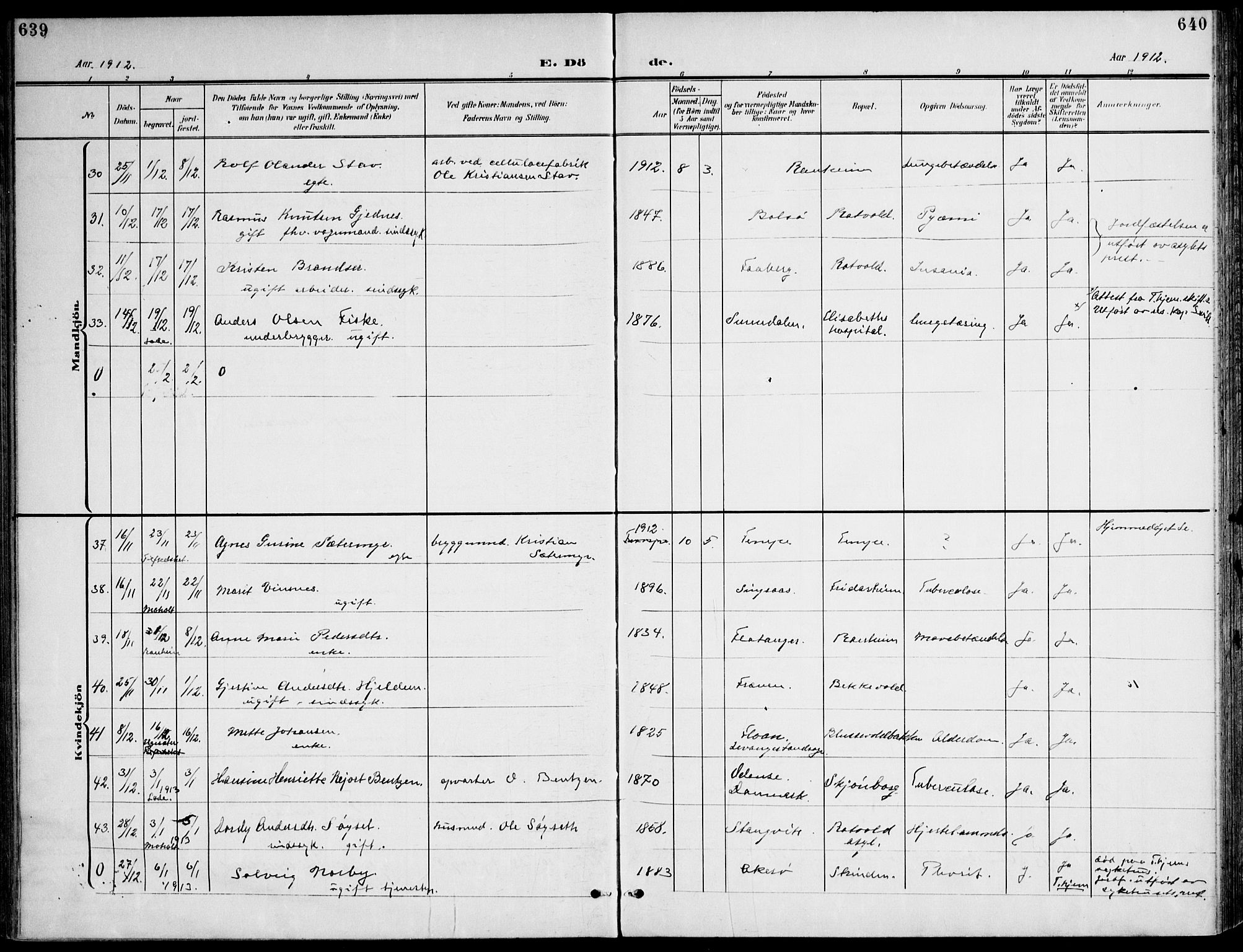 Ministerialprotokoller, klokkerbøker og fødselsregistre - Sør-Trøndelag, SAT/A-1456/607/L0320: Parish register (official) no. 607A04, 1907-1915, p. 639-640