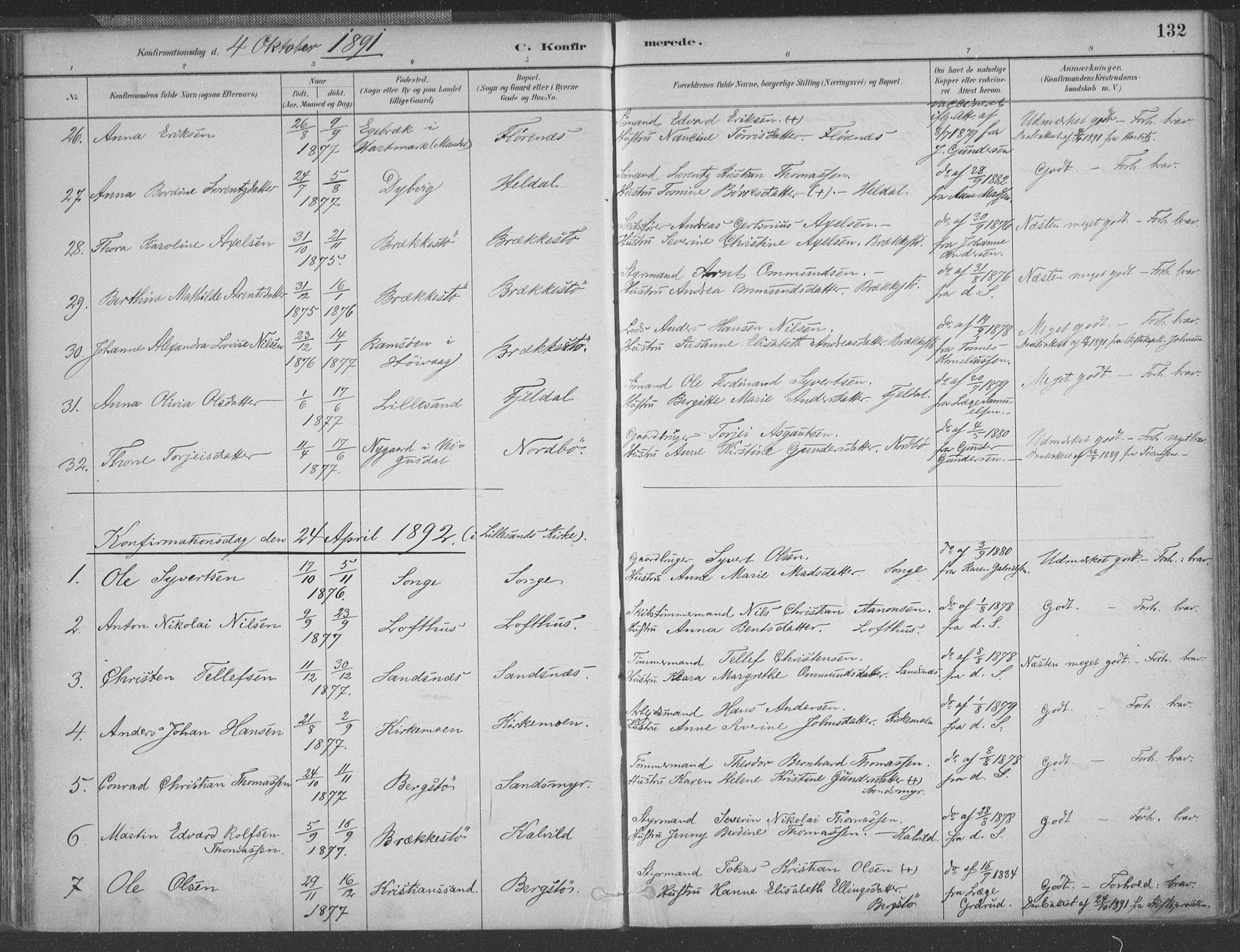 Vestre Moland sokneprestkontor, SAK/1111-0046/F/Fa/Fab/L0009: Parish register (official) no. A 9, 1884-1899, p. 132