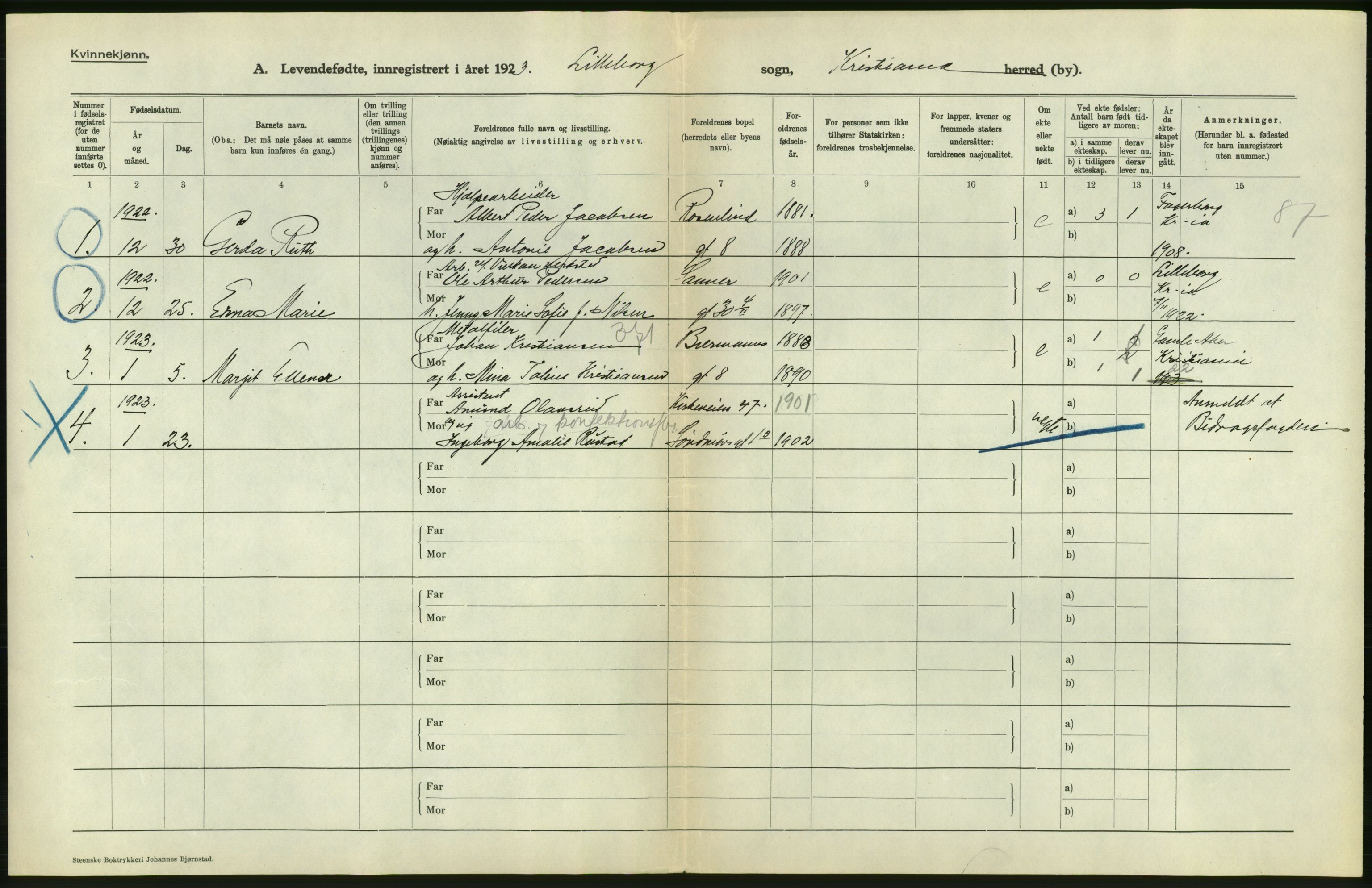 Statistisk sentralbyrå, Sosiodemografiske emner, Befolkning, AV/RA-S-2228/D/Df/Dfc/Dfcc/L0007: Kristiania: Levendefødte menn og kvinner., 1923, p. 506