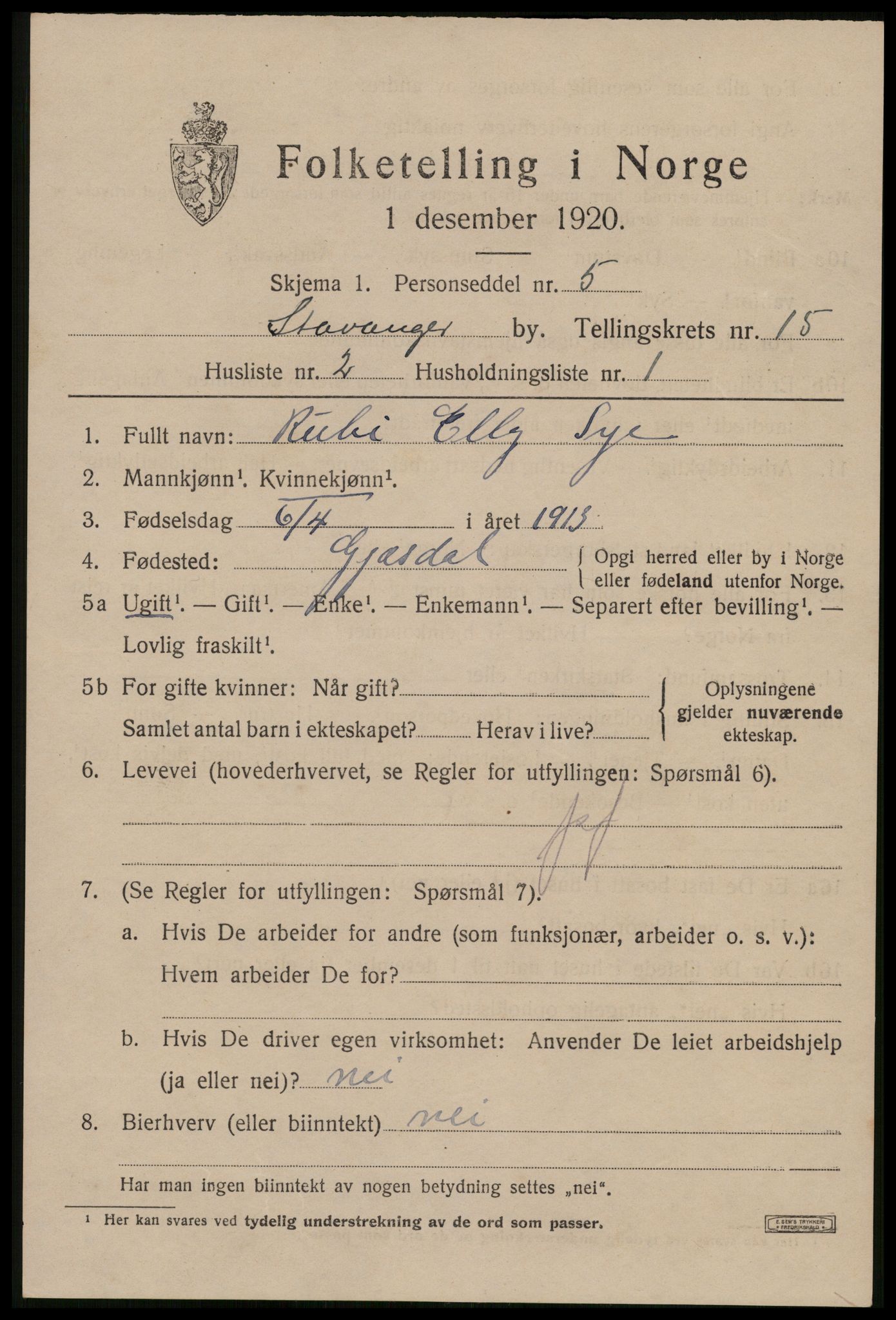 SAST, 1920 census for Stavanger, 1920, p. 61450