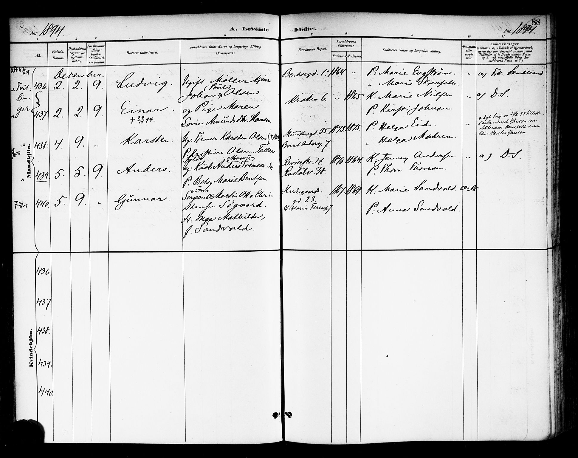 Rikshospitalet prestekontor Kirkebøker, AV/SAO-A-10309b/F/L0009: Parish register (official) no. 9, 1894-1897, p. 88