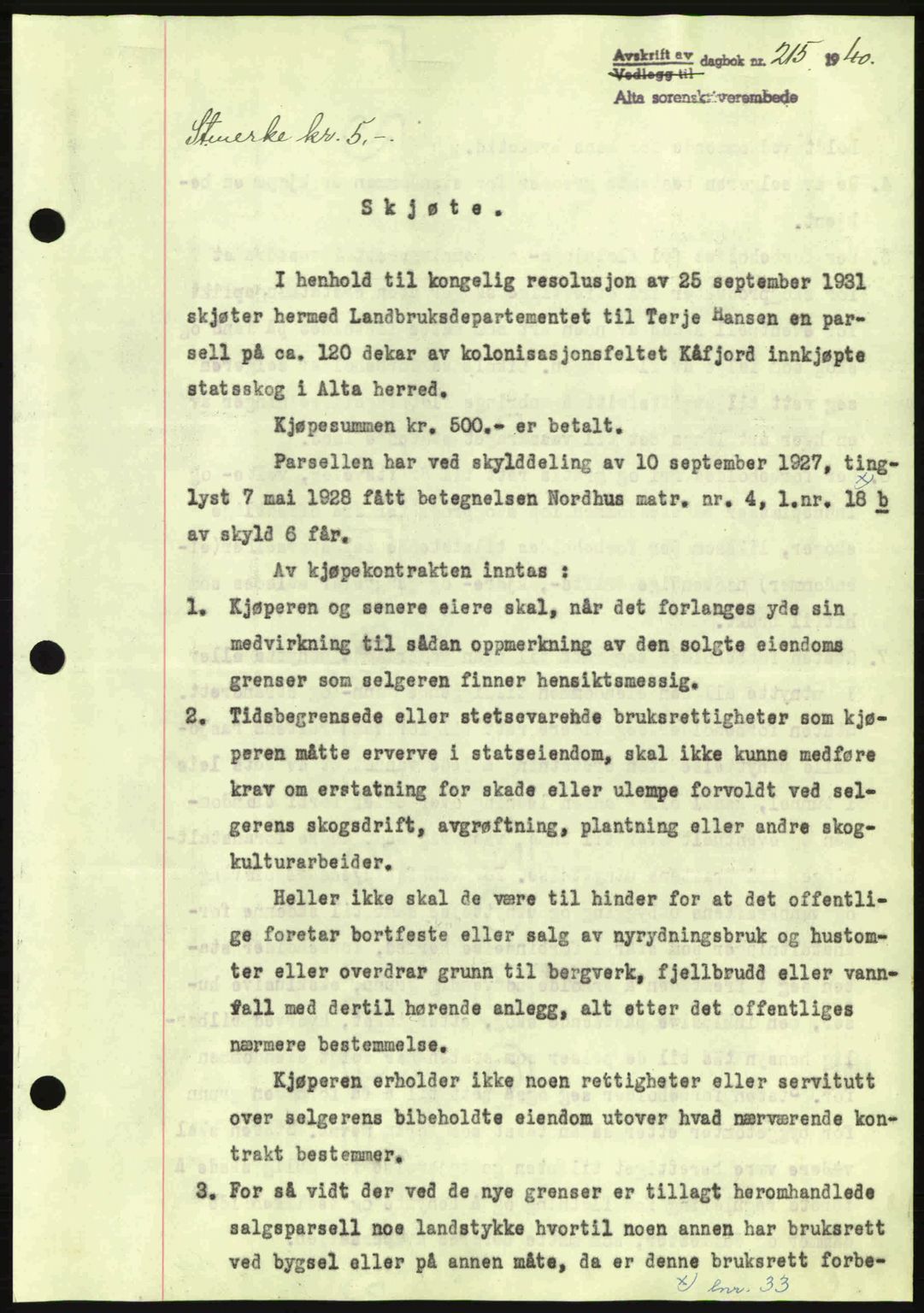 Alta fogderi/sorenskriveri, SATØ/SATØ-5/1/K/Kd/L0033pantebok: Mortgage book no. 33, 1940-1943, Diary no: : 215/1940