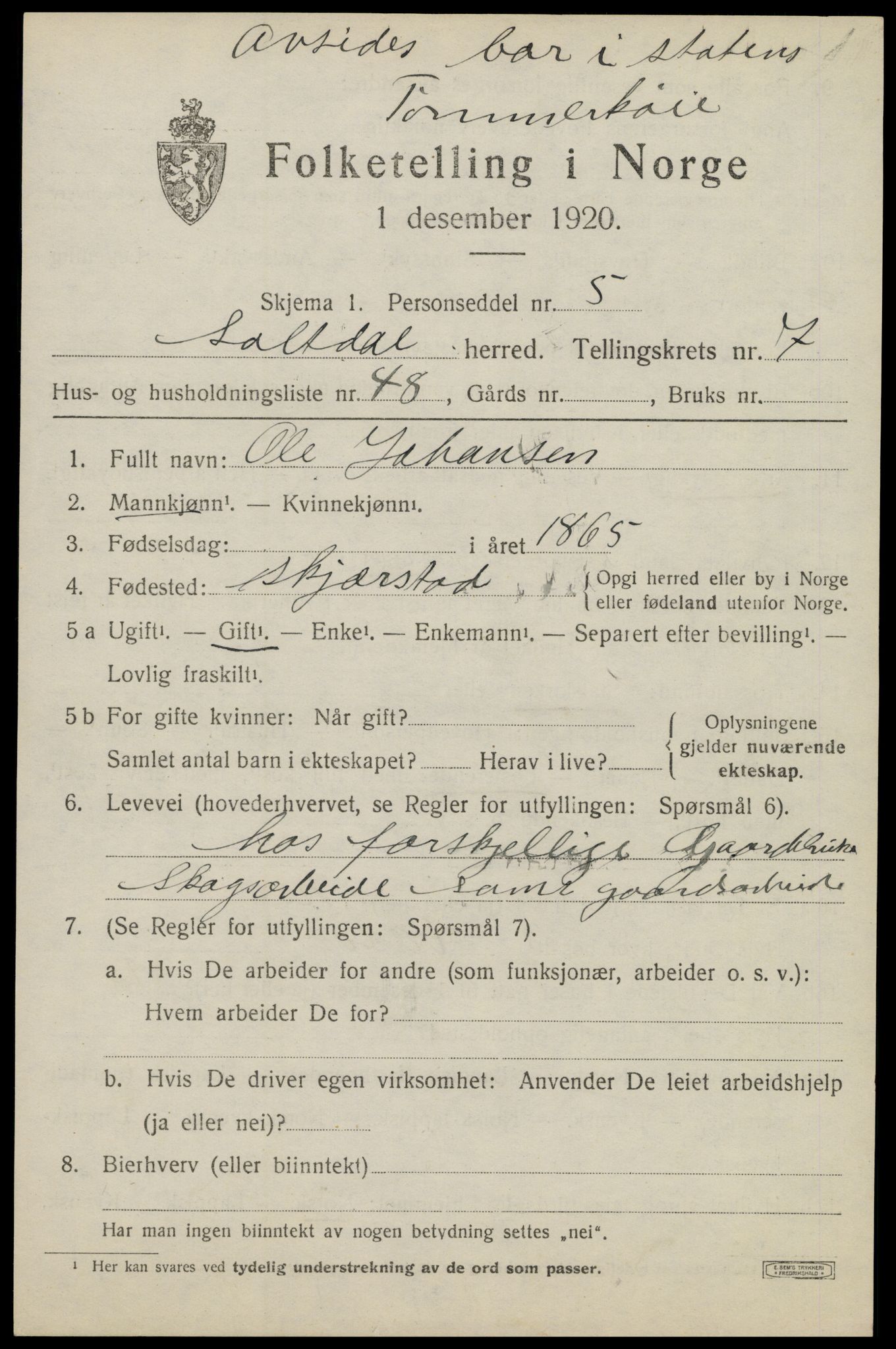 SAT, 1920 census for Saltdal, 1920, p. 8505