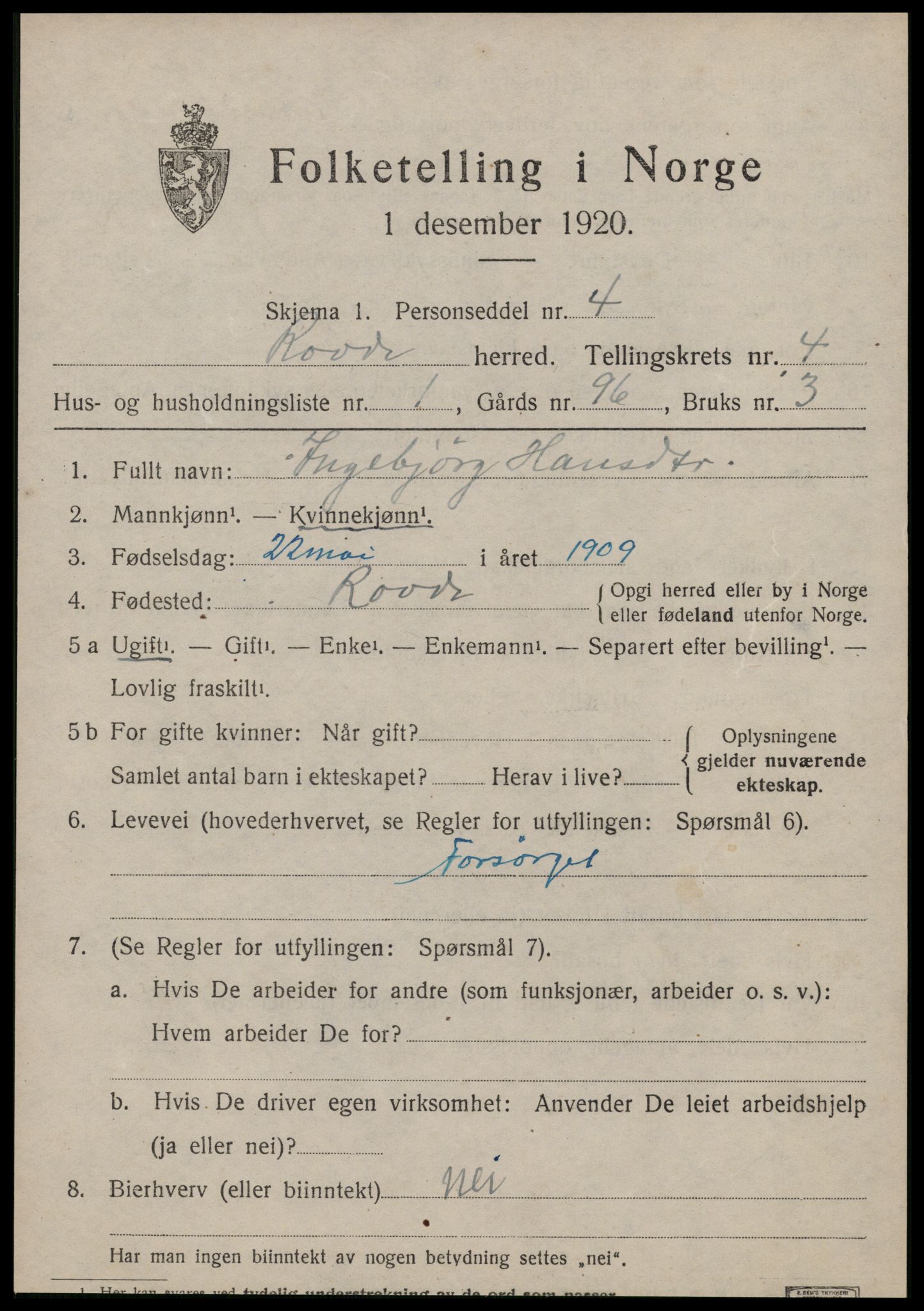 SAT, 1920 census for Rovde, 1920, p. 1283