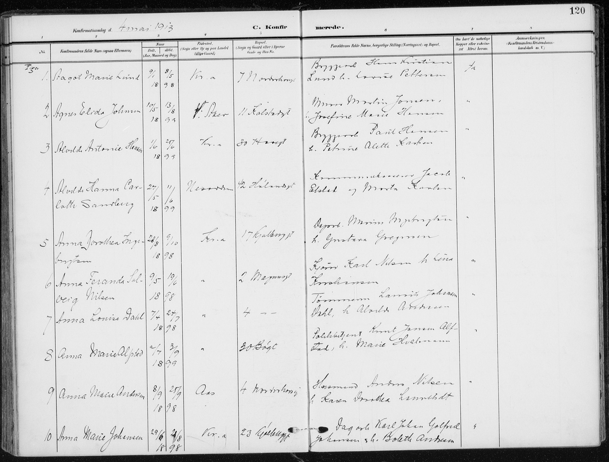 Kampen prestekontor Kirkebøker, AV/SAO-A-10853/F/Fa/L0011: Parish register (official) no. I 11, 1907-1917, p. 120
