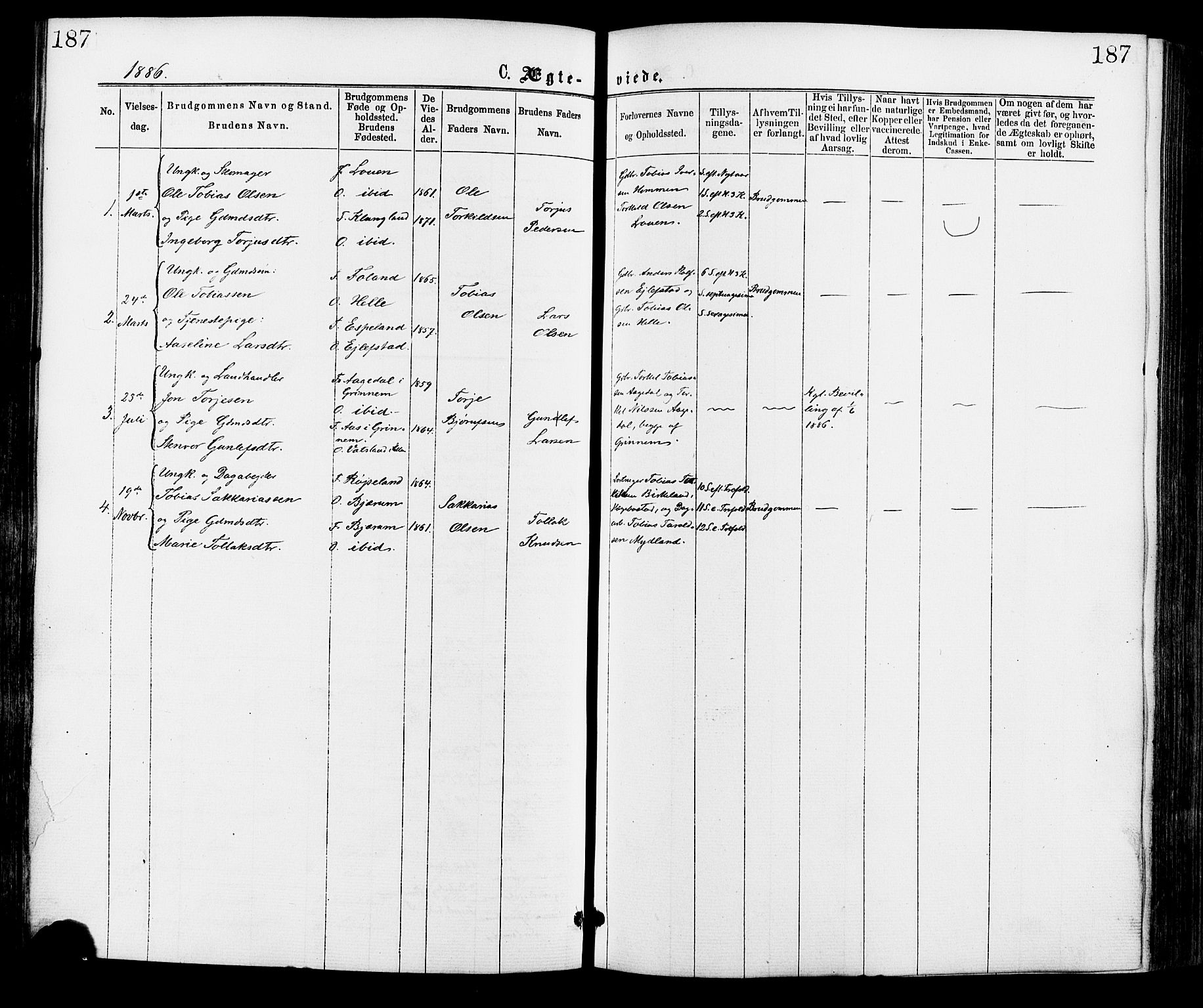 Hægebostad sokneprestkontor, AV/SAK-1111-0024/F/Fa/Faa/L0005: Parish register (official) no. A 5, 1864-1886, p. 187