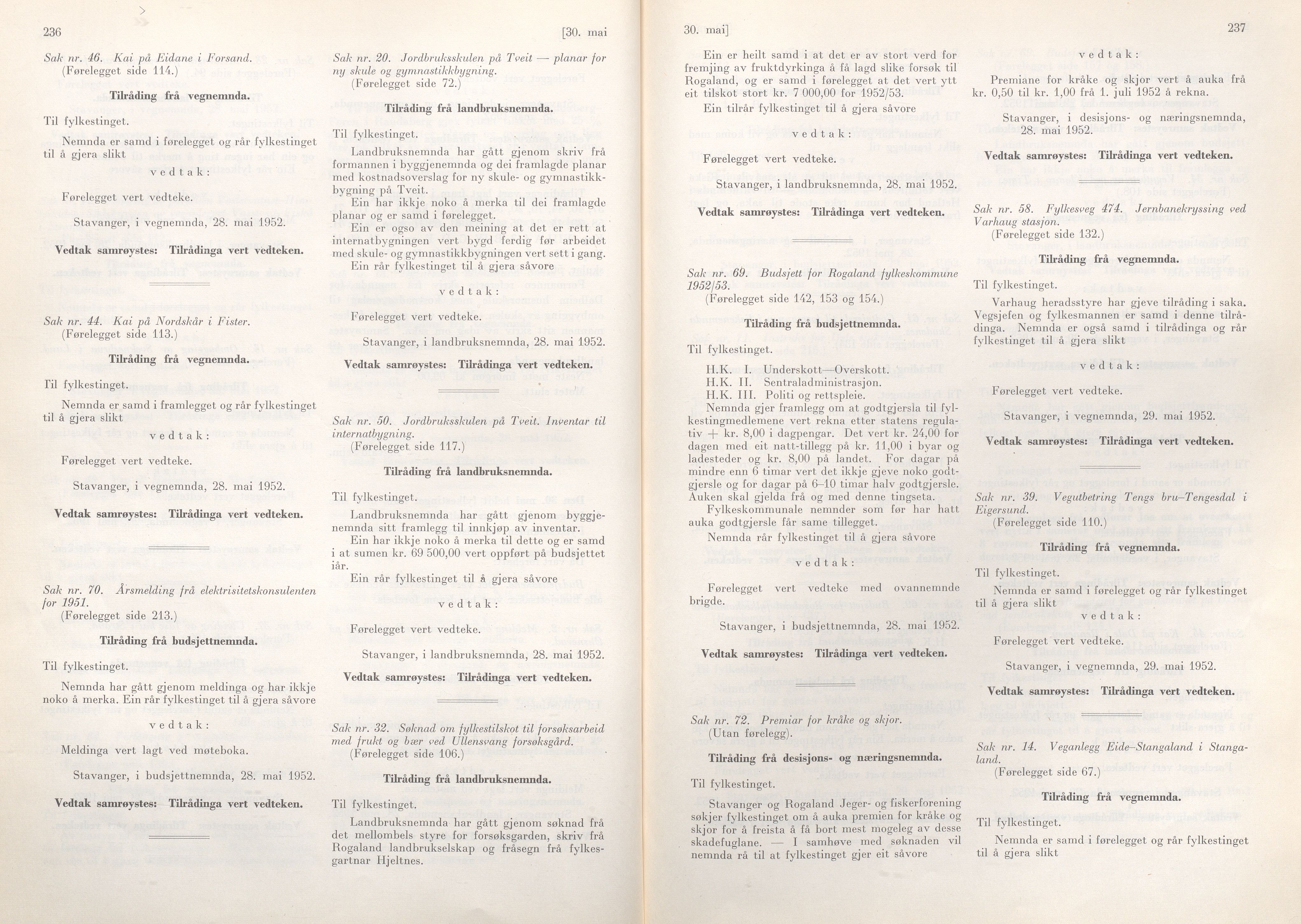 Rogaland fylkeskommune - Fylkesrådmannen , IKAR/A-900/A/Aa/Aaa/L0071: Møtebok , 1952, p. 236-237