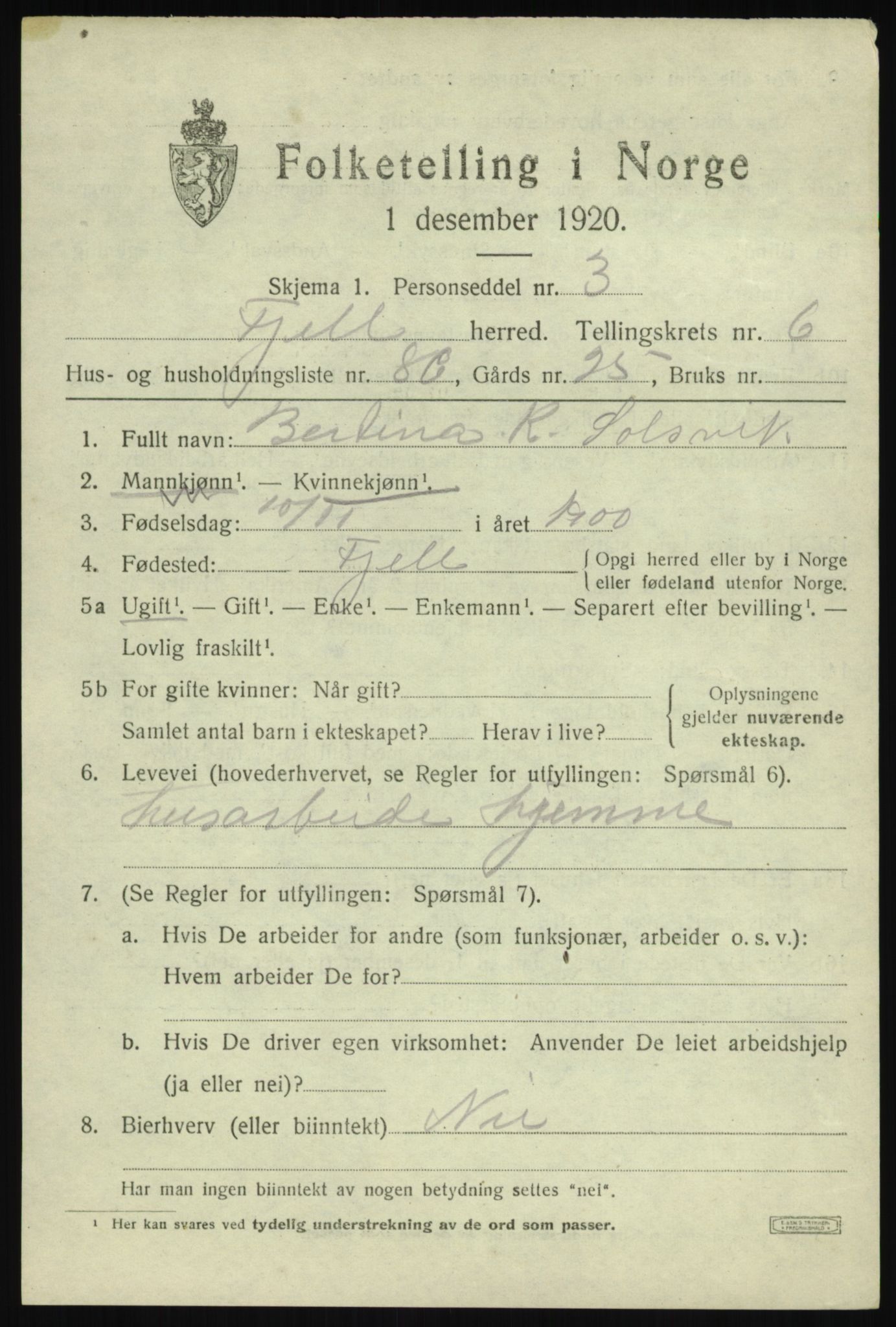 SAB, 1920 census for Fjell, 1920, p. 6378