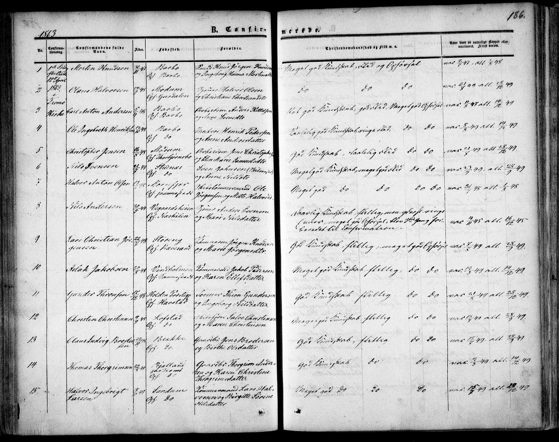 Tromøy sokneprestkontor, AV/SAK-1111-0041/F/Fa/L0006: Parish register (official) no. A 6, 1855-1863, p. 186