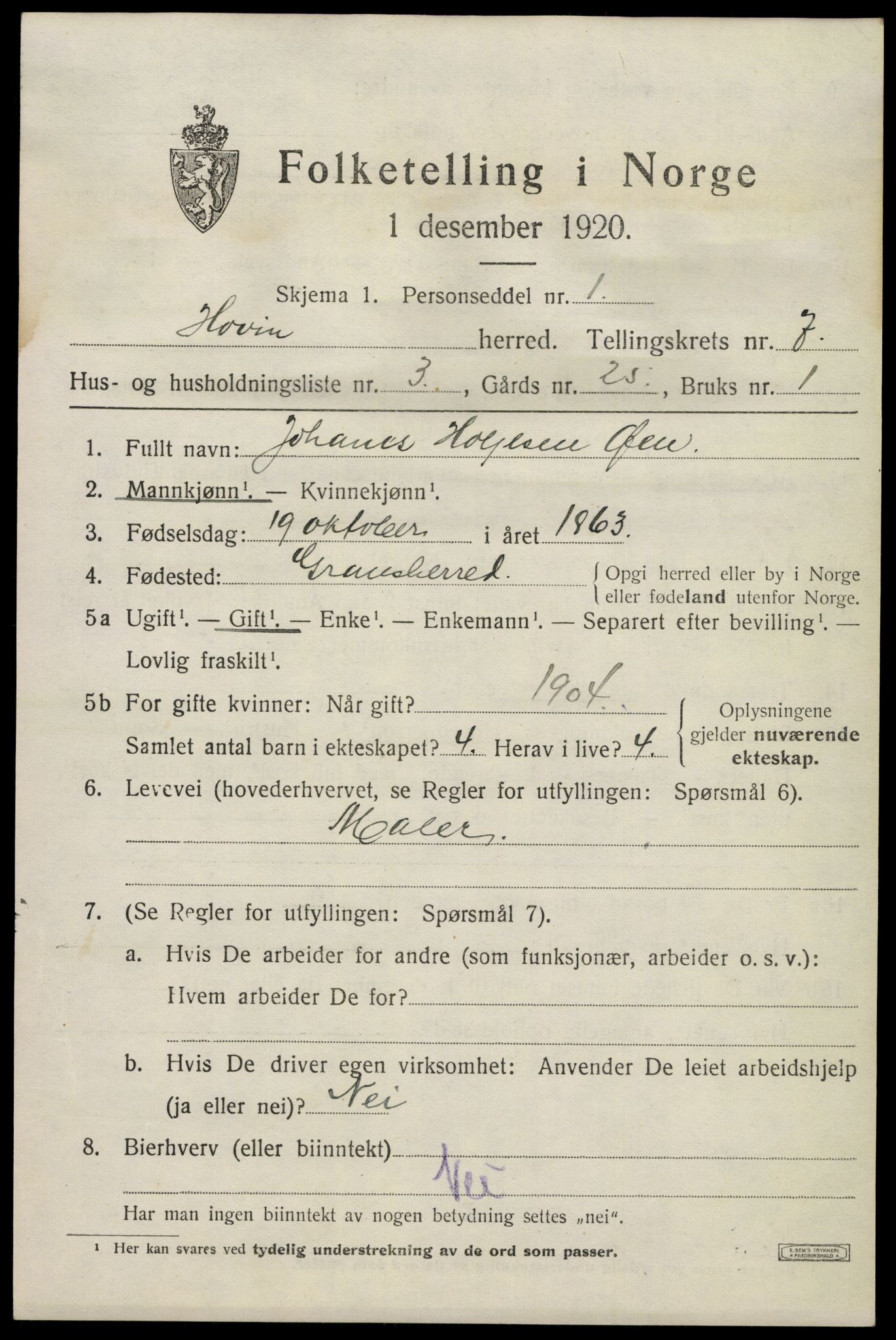 SAKO, 1920 census for Hovin, 1920, p. 1717