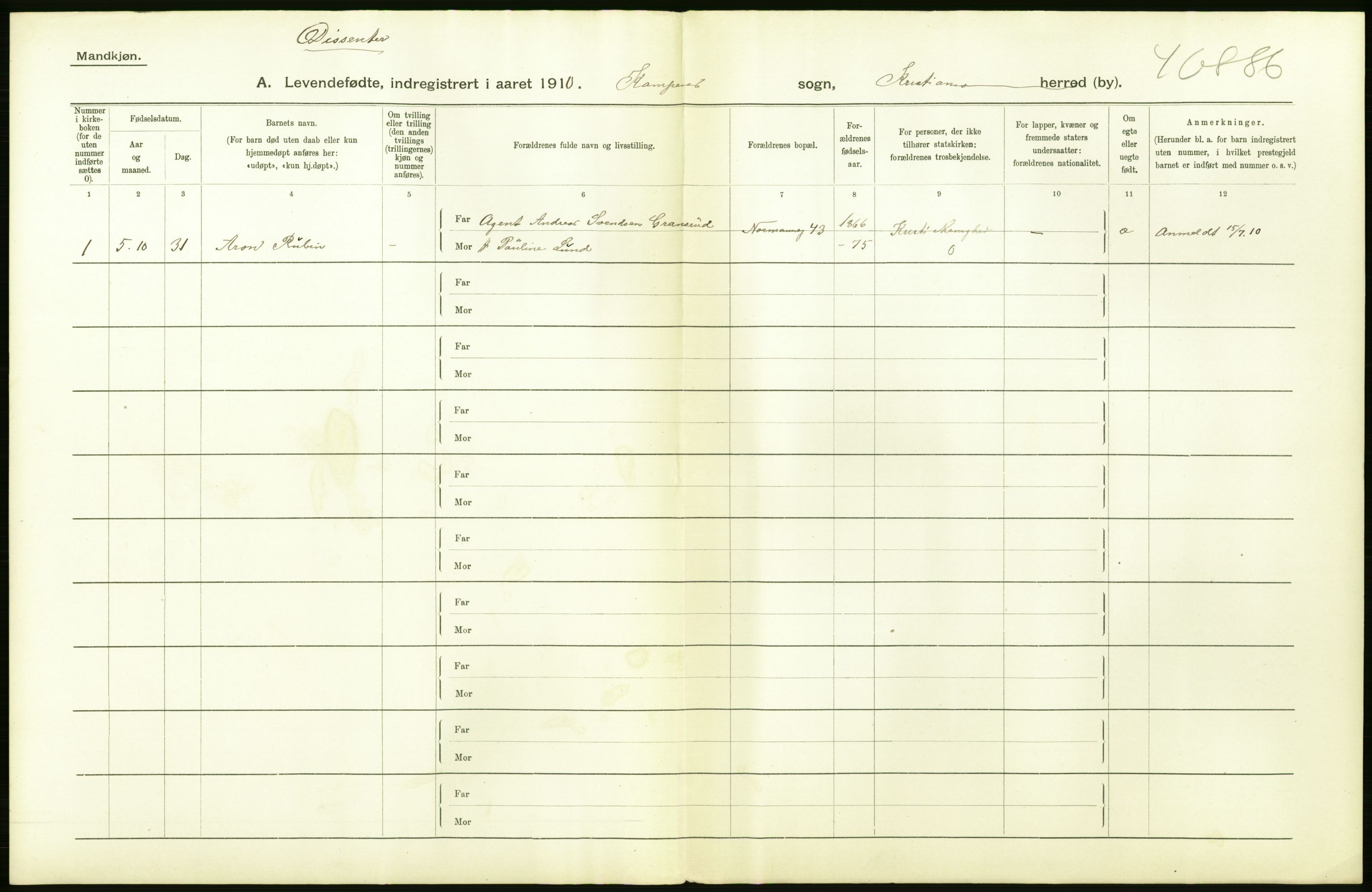 Statistisk sentralbyrå, Sosiodemografiske emner, Befolkning, RA/S-2228/D/Df/Dfa/Dfah/L0006: Kristiania: Levendefødte menn., 1910, p. 310