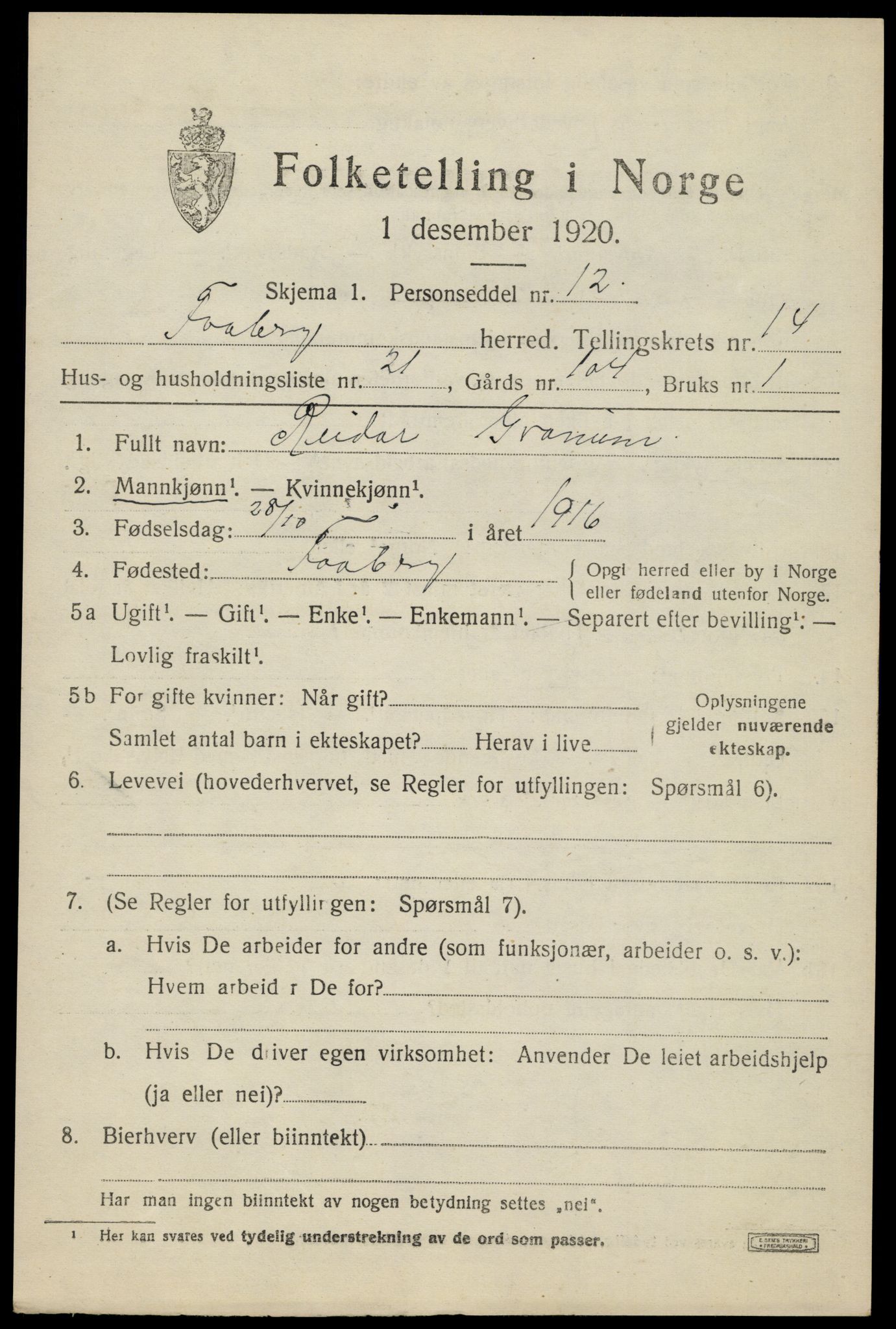 SAH, 1920 census for Fåberg, 1920, p. 15006