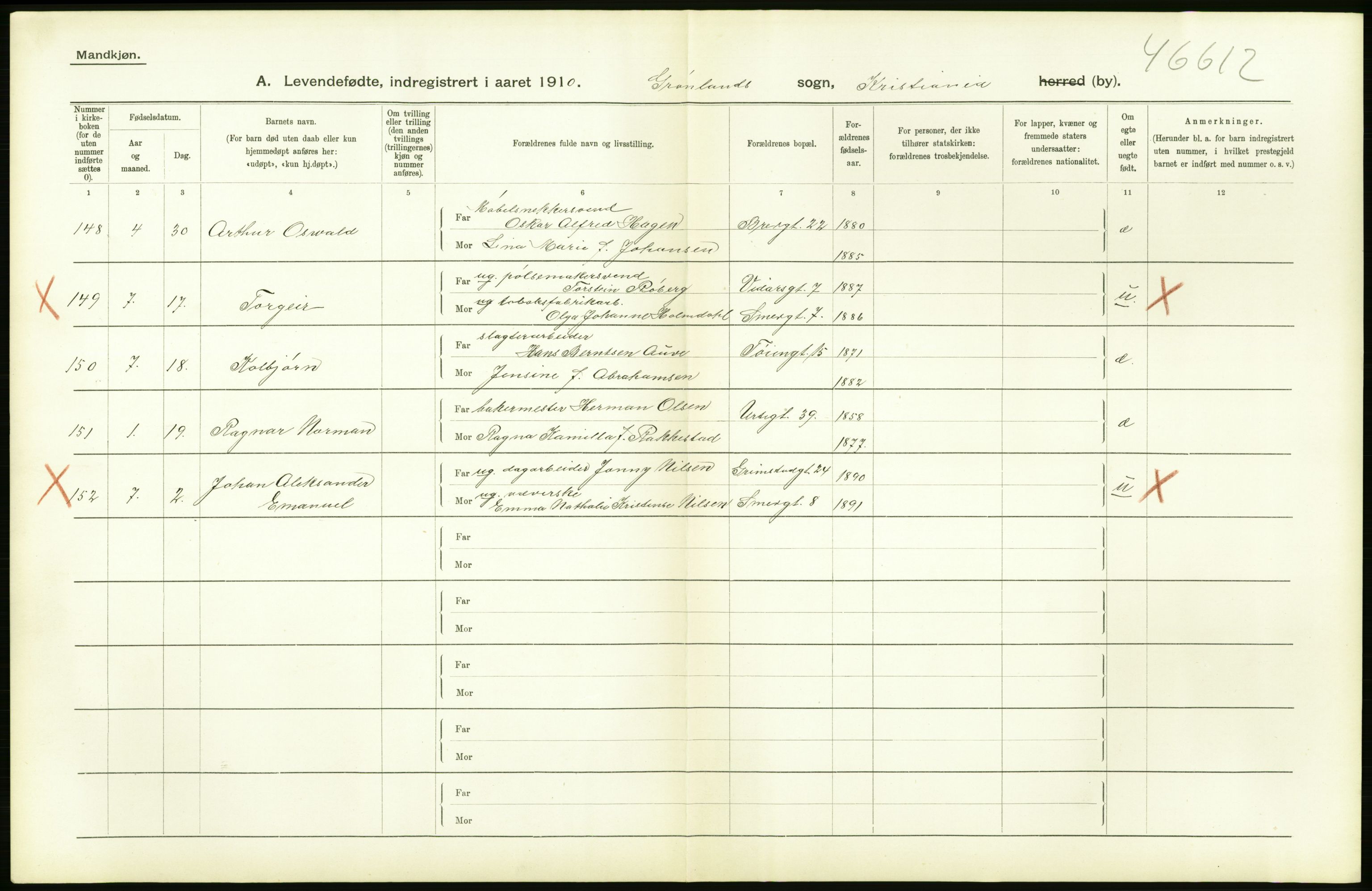 Statistisk sentralbyrå, Sosiodemografiske emner, Befolkning, RA/S-2228/D/Df/Dfa/Dfah/L0006: Kristiania: Levendefødte menn., 1910, p. 690