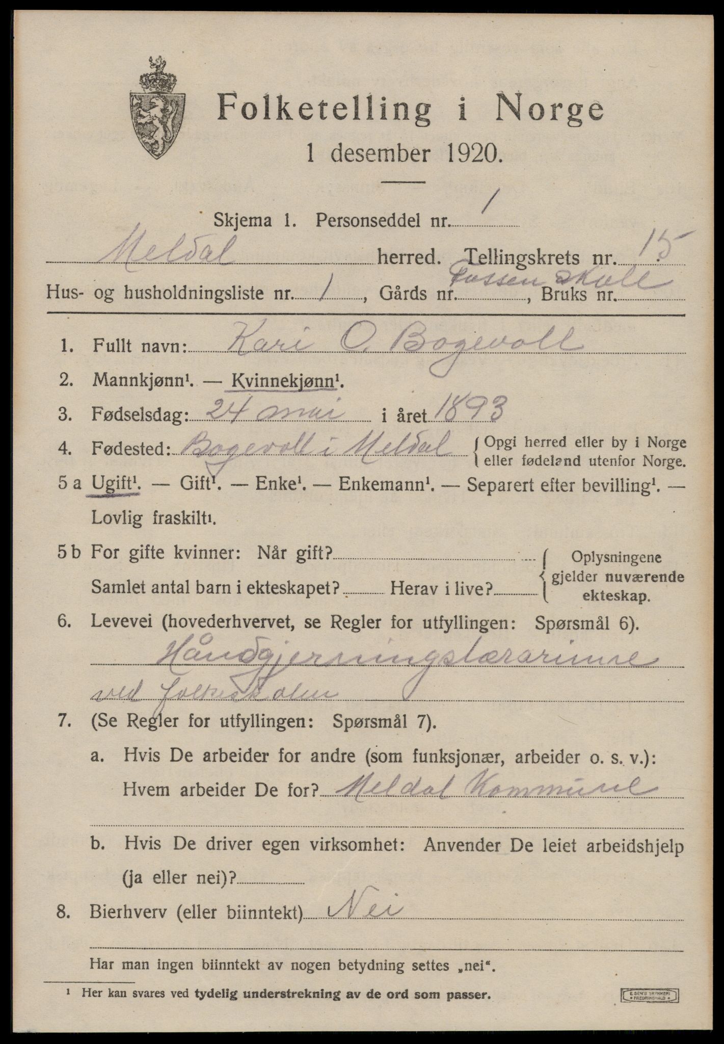 SAT, 1920 census for Meldal, 1920, p. 10473