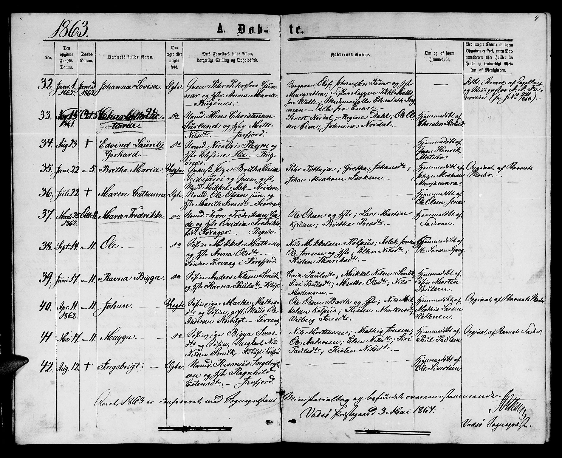 Sør-Varanger sokneprestkontor, AV/SATØ-S-1331/H/Hb/L0001klokker: Parish register (copy) no. 1, 1863-1872, p. 4