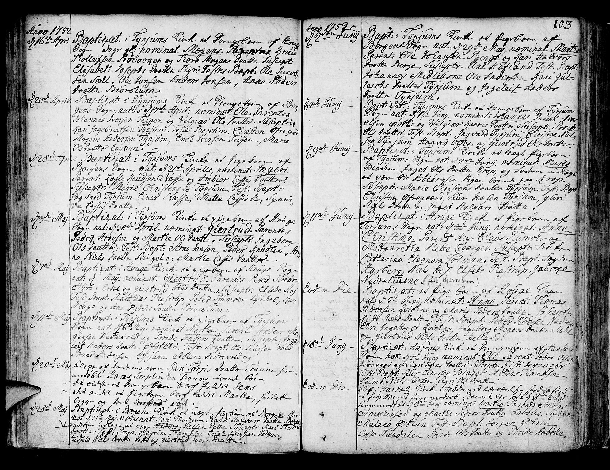 Lærdal sokneprestembete, SAB/A-81201: Parish register (official) no. A 2, 1752-1782, p. 103