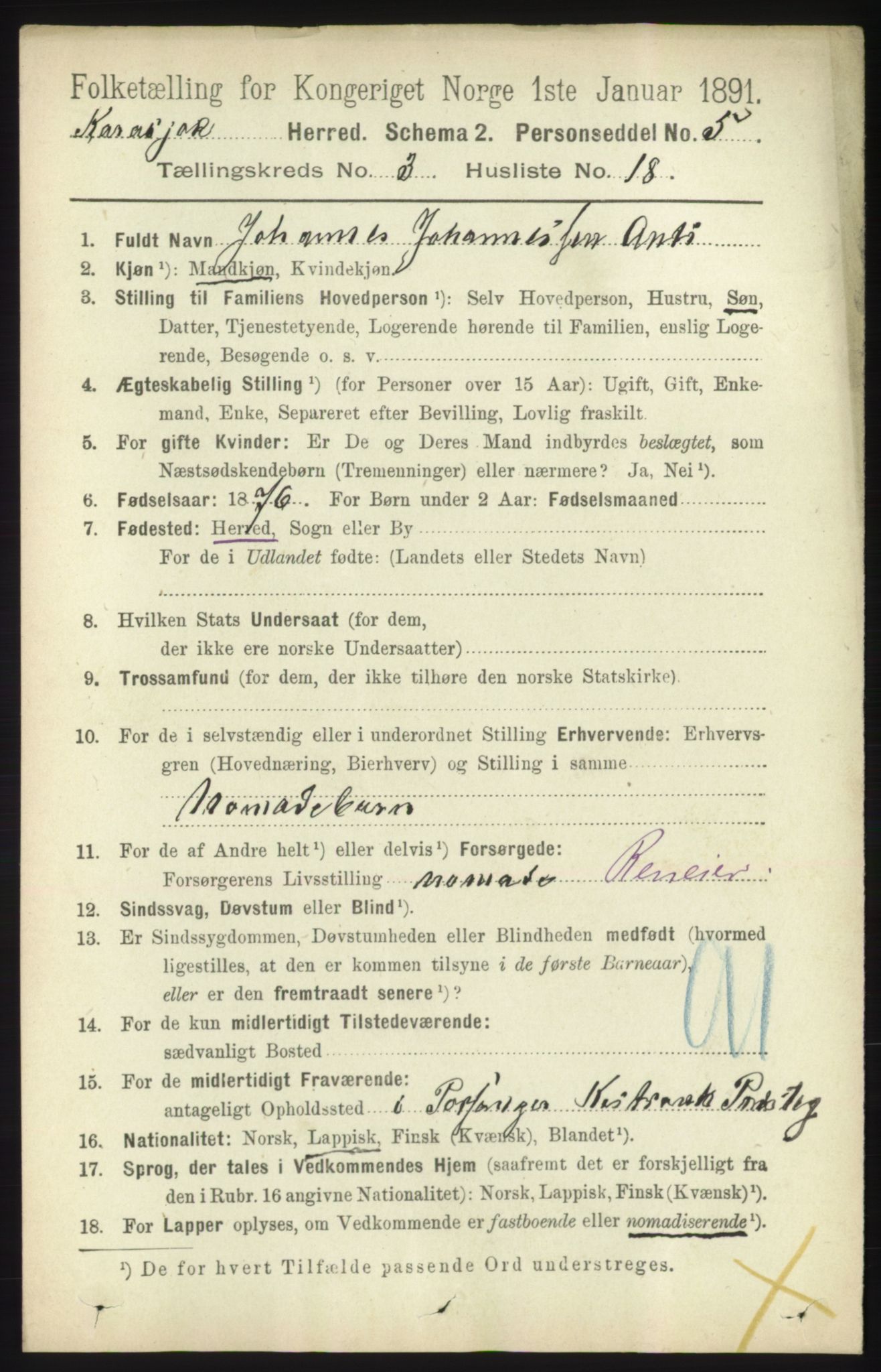 RA, 1891 census for 2021 Karasjok, 1891, p. 661