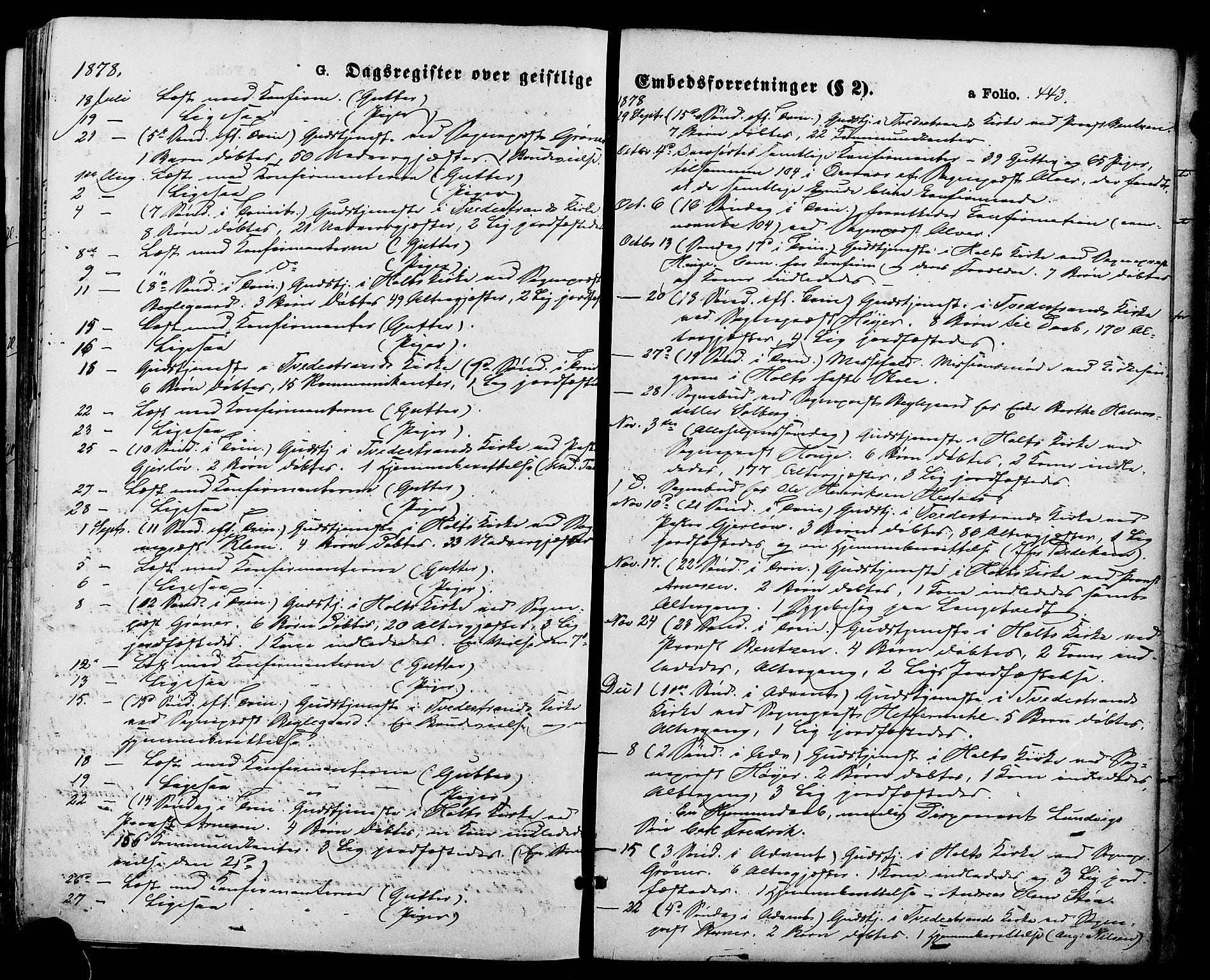 Holt sokneprestkontor, SAK/1111-0021/F/Fa/L0010: Parish register (official) no. A 10, 1872-1885, p. 443