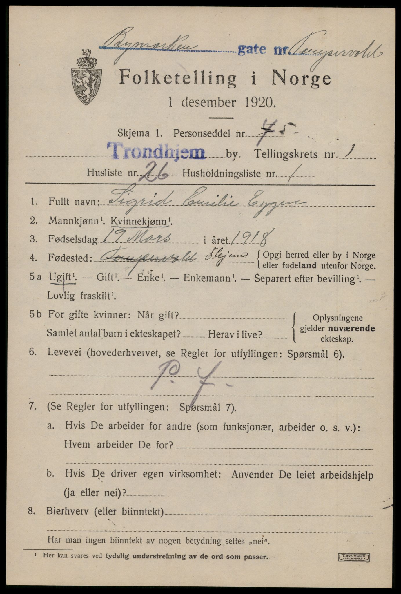 SAT, 1920 census for Trondheim, 1920, p. 33086