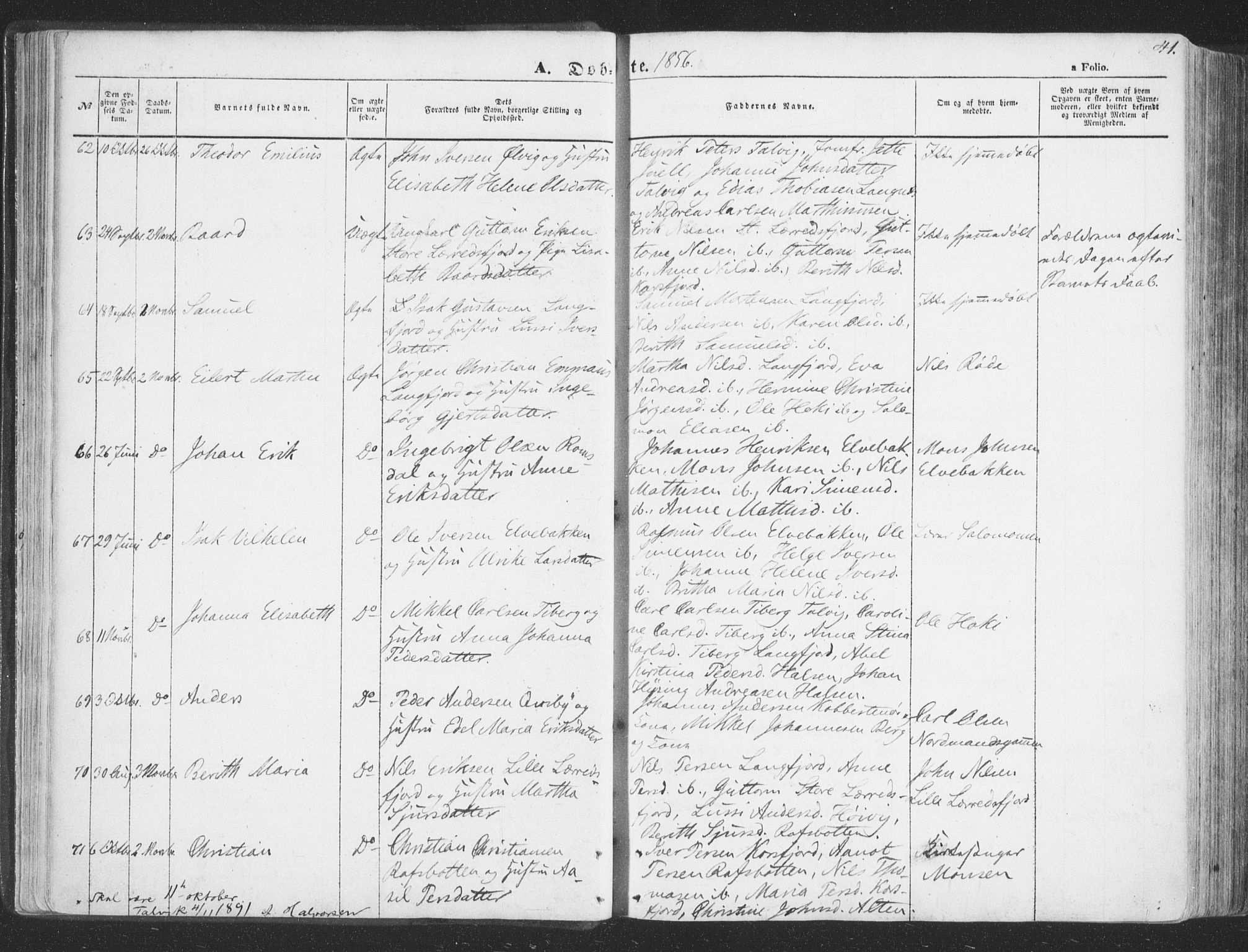 Talvik sokneprestkontor, SATØ/S-1337/H/Ha/L0010kirke: Parish register (official) no. 10, 1852-1864, p. 41