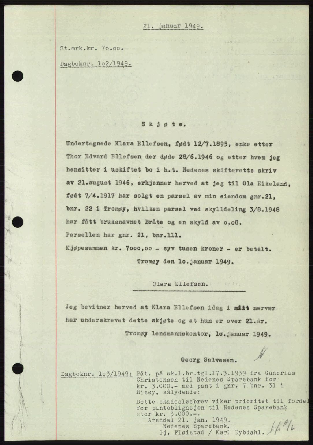 Nedenes sorenskriveri, SAK/1221-0006/G/Gb/Gba/L0060: Mortgage book no. A12, 1948-1949, Diary no: : 102/1949