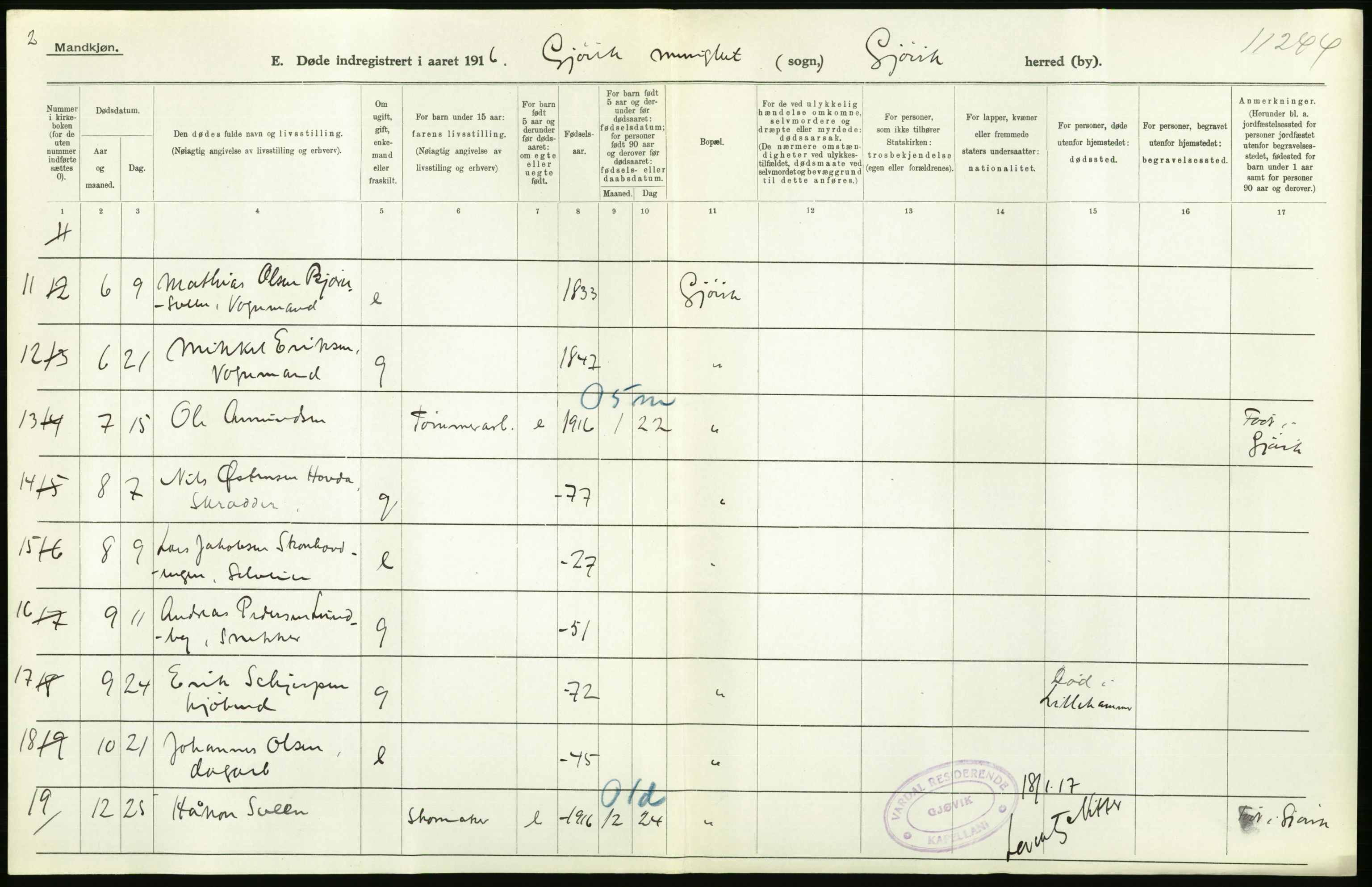 Statistisk sentralbyrå, Sosiodemografiske emner, Befolkning, RA/S-2228/D/Df/Dfb/Dfbf/L0016: Kristians amt: Døde. Bygder og byer., 1916, p. 416